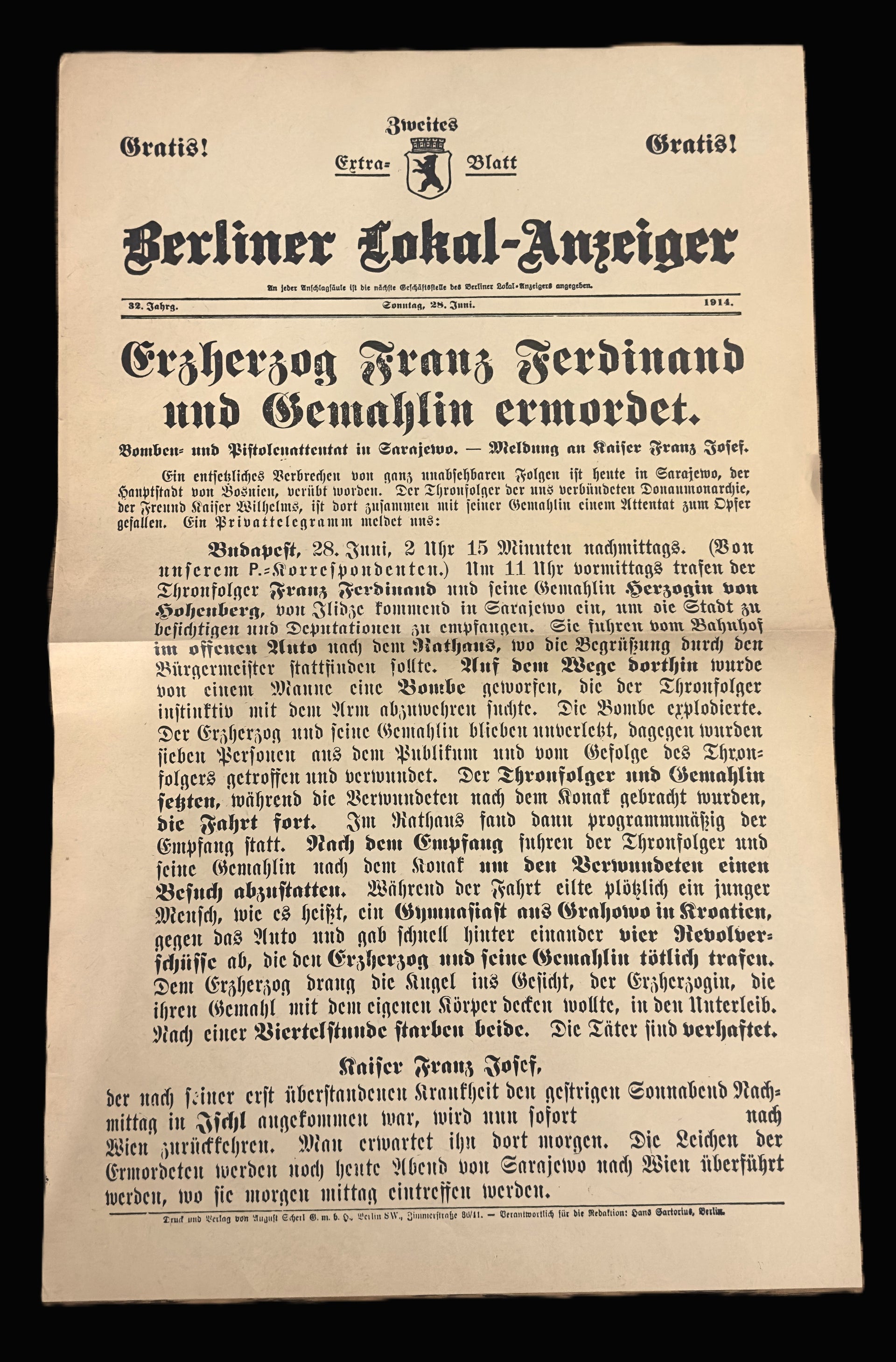 Berliner Lokal-Anzeiger Extra June 28 1914 Franz Ferdinand Assassination Sarajevo