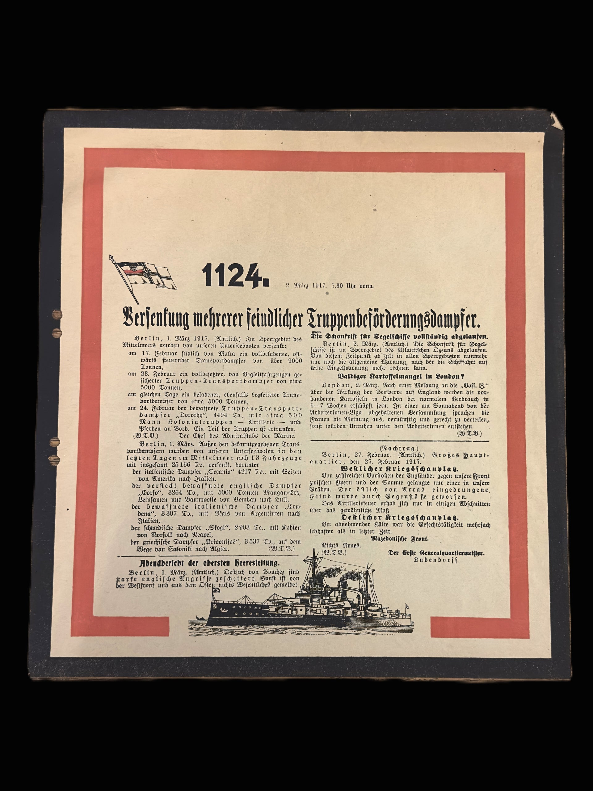 Imperial German WWI War Bulletin March 1917 U-Boat Sinkings Ludendorff Kriegsmeldung