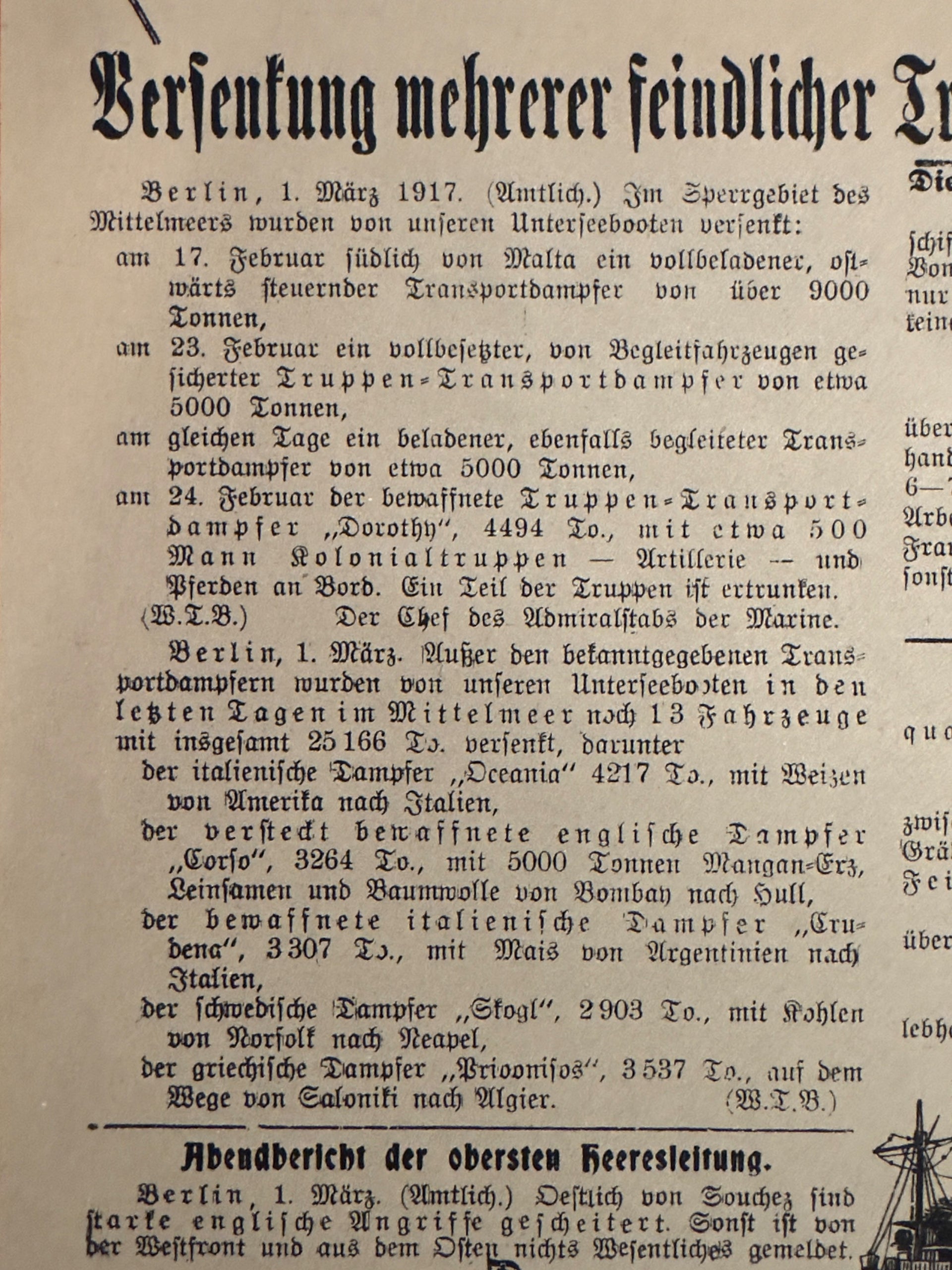 Imperial German WWI War Bulletin March 1917 U-Boat Sinkings Ludendorff Kriegsmeldung