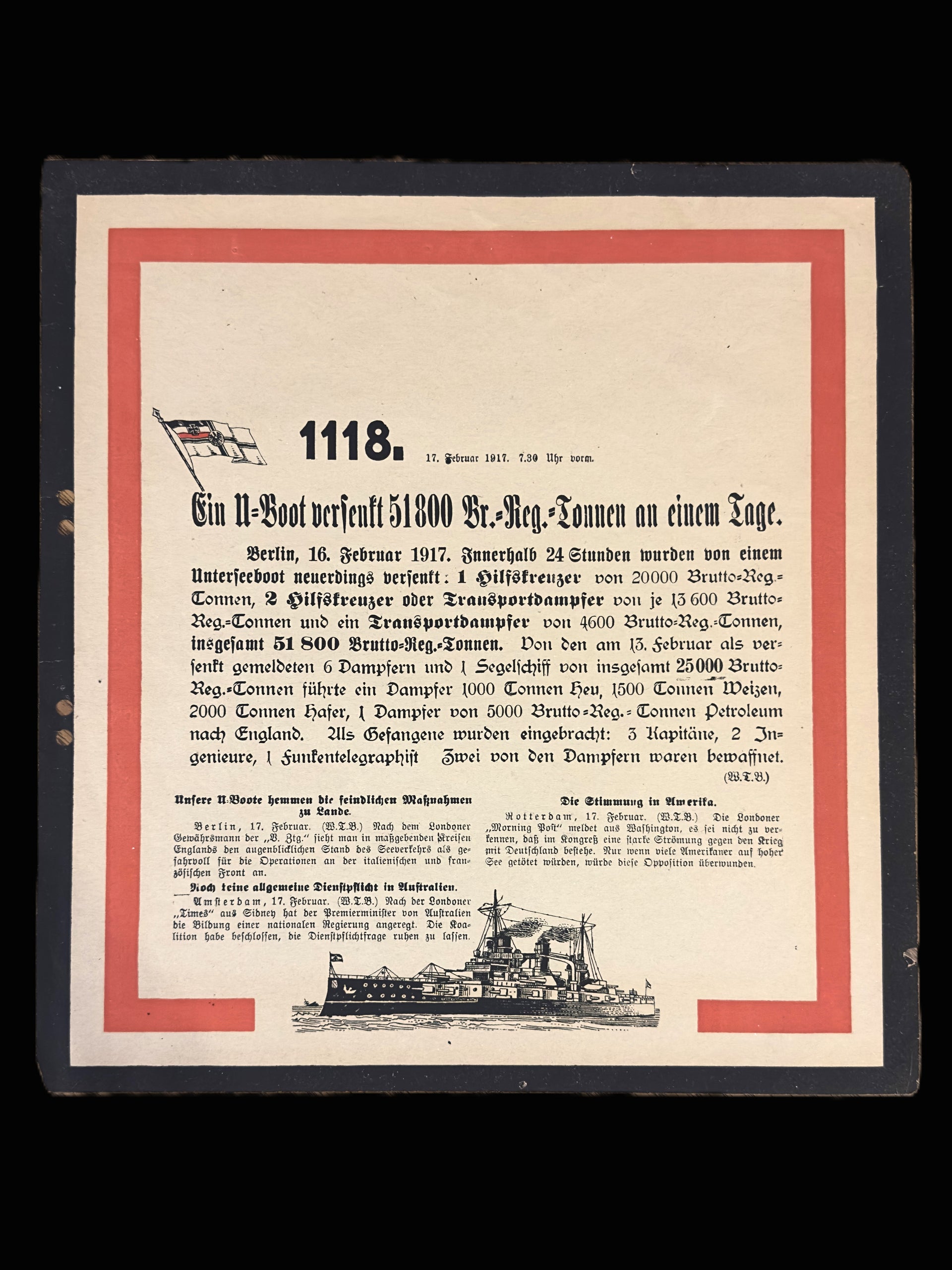 Imperial German WWI War Bulletin Feb 1917 U-Boat 51800 Tons Unrestricted Submarine