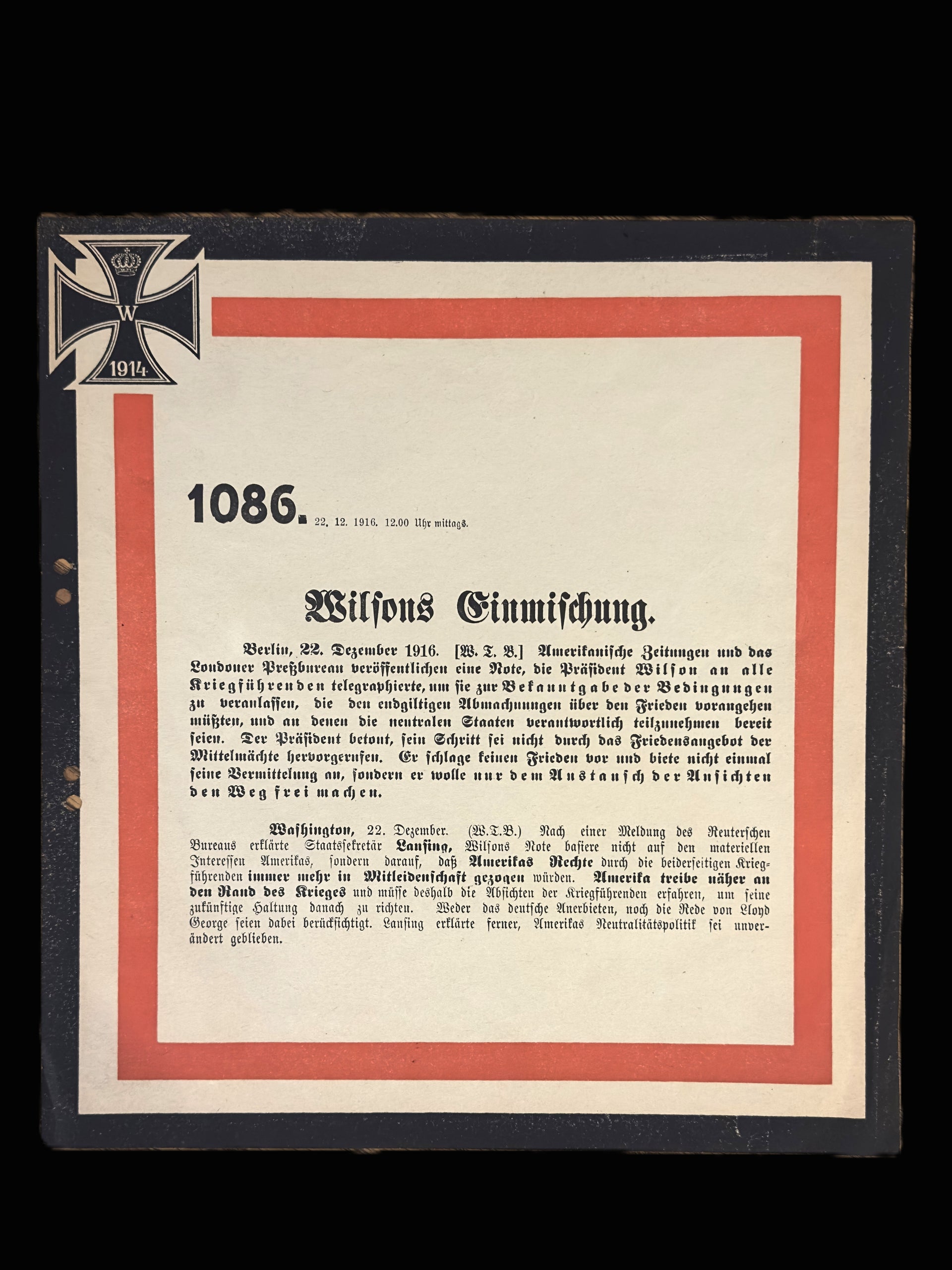 Imperial German WWI War Bulletin Dec 1916 Wilson Peace Note Wilsons Einmischung