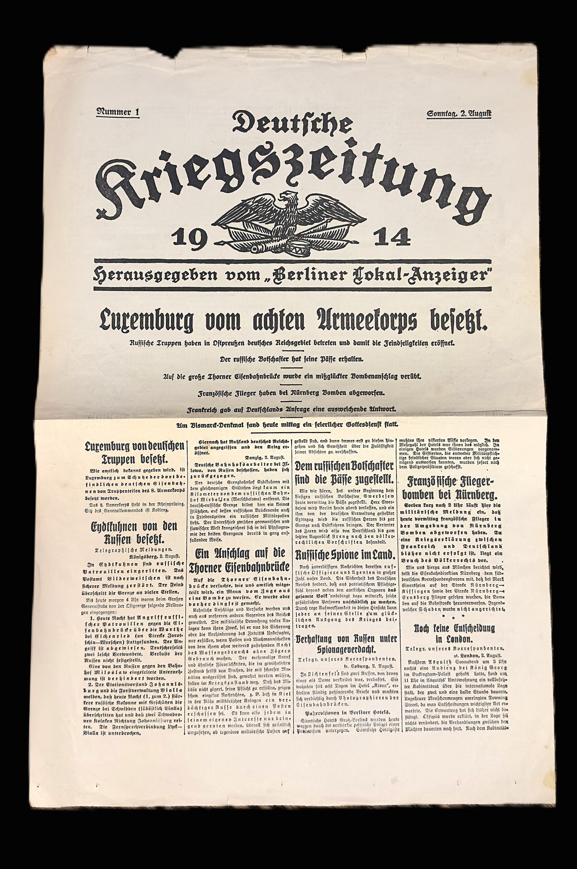 Deutsche Kriegszeitung 1914 Number 1 Aug 2 WWI Outbreak Luxembourg Lokal-Anzeiger