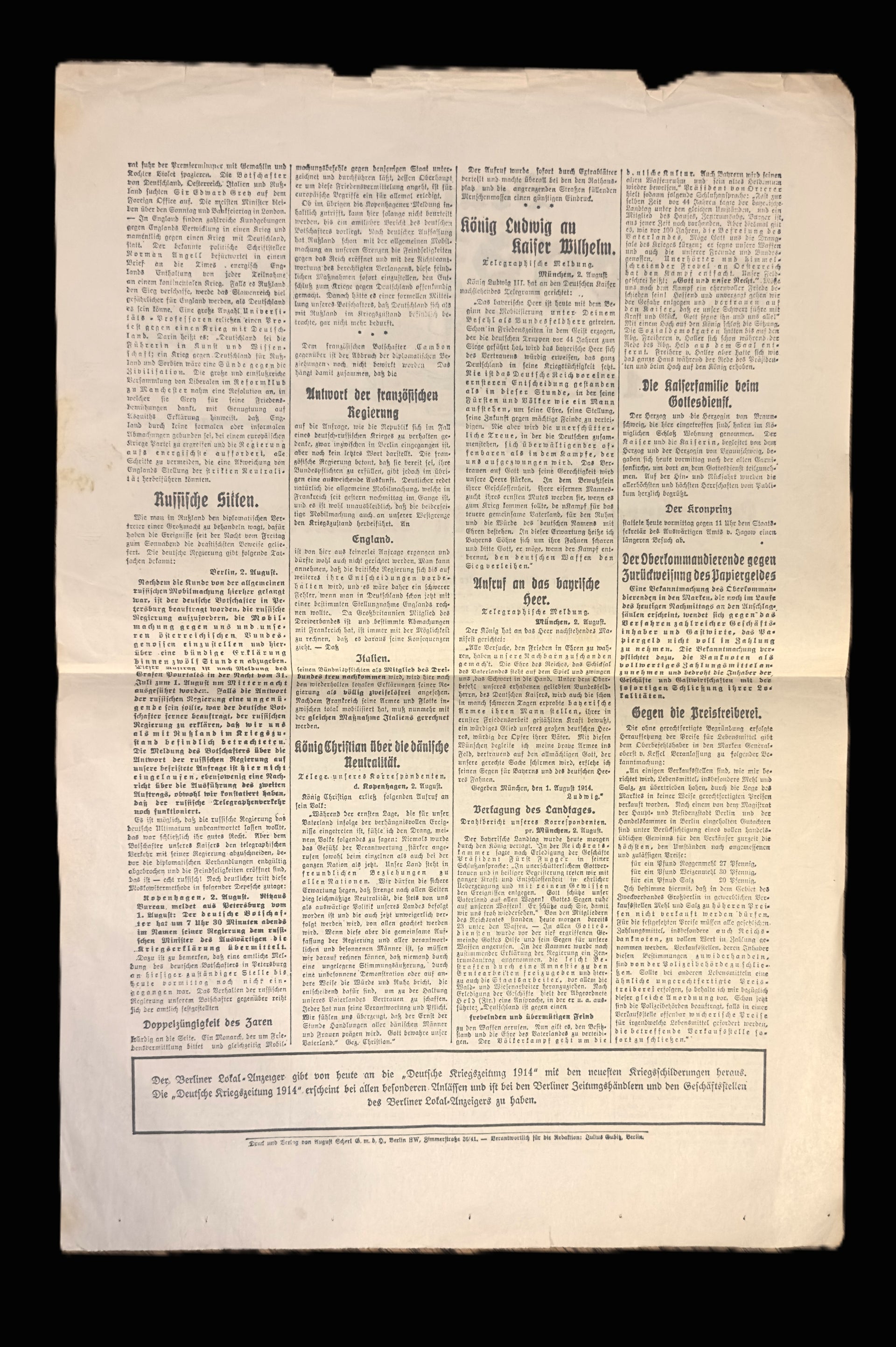 Deutsche Kriegszeitung 1914 Number 1 Aug 2 WWI Outbreak Luxembourg Lokal-Anzeiger