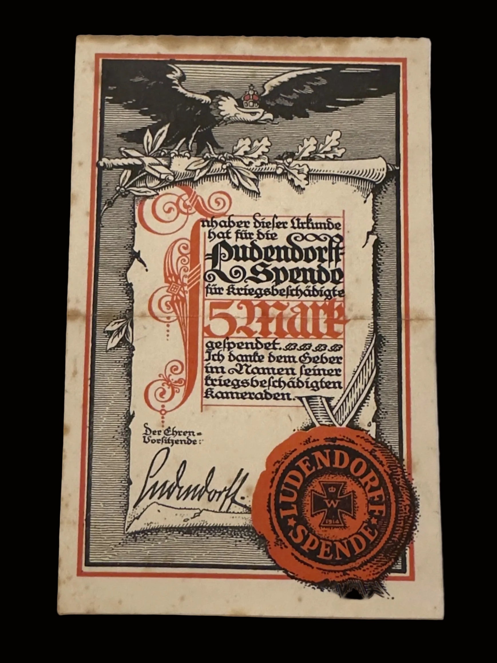 WWI German Ludendorff-Spende Donation Certificate War Disabled Nurse Named 5 Mark