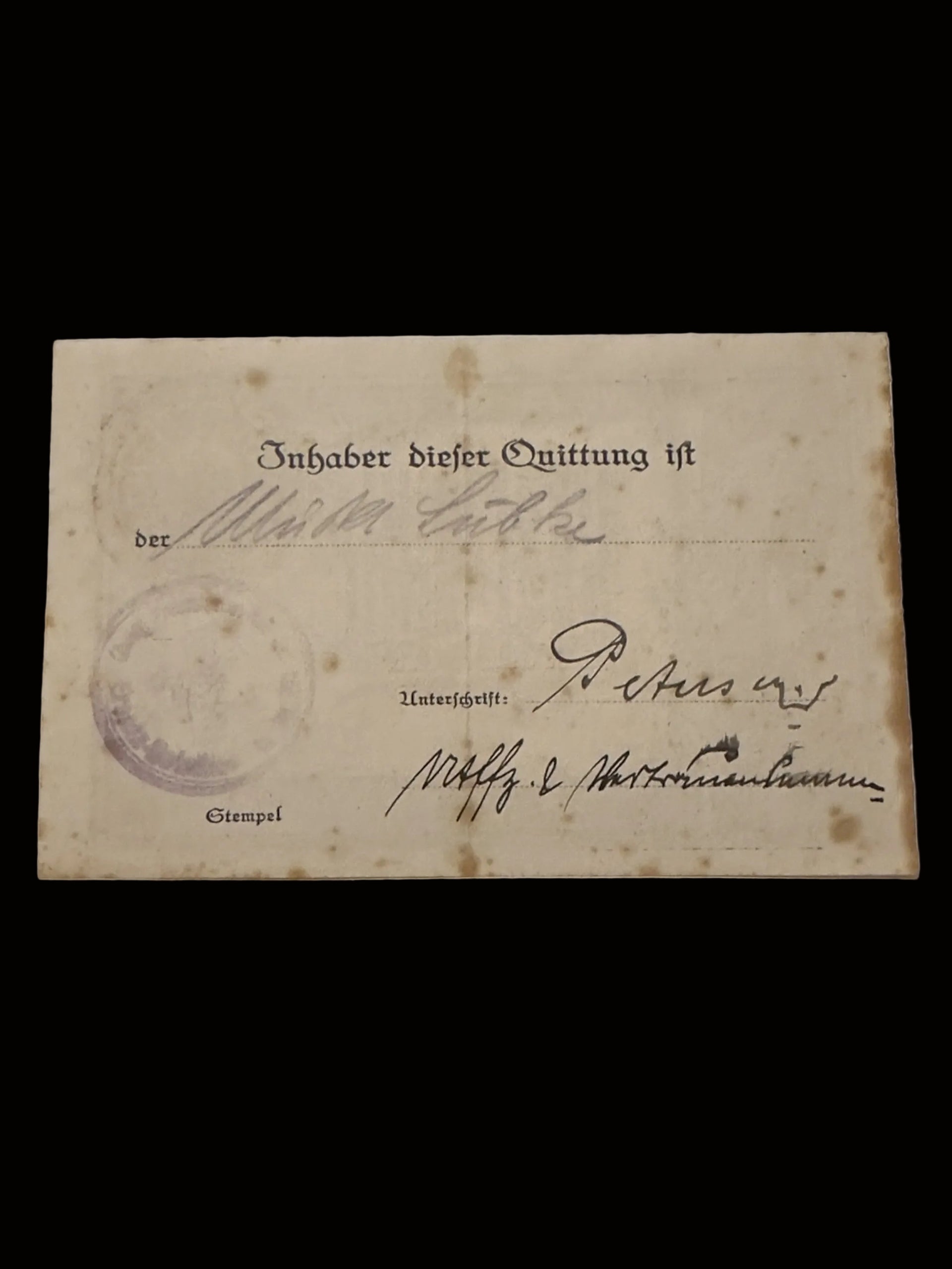 WWI German Ludendorff-Spende Donation Certificate War Disabled Nurse Named 5 Mark