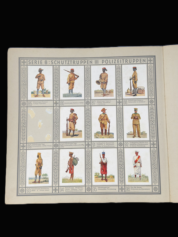 A vintage collectible sheet of German police uniform illustrations from the 'Serie 8: Schutztruppen III Polizeitruppen' series, displayed against a solid black background.