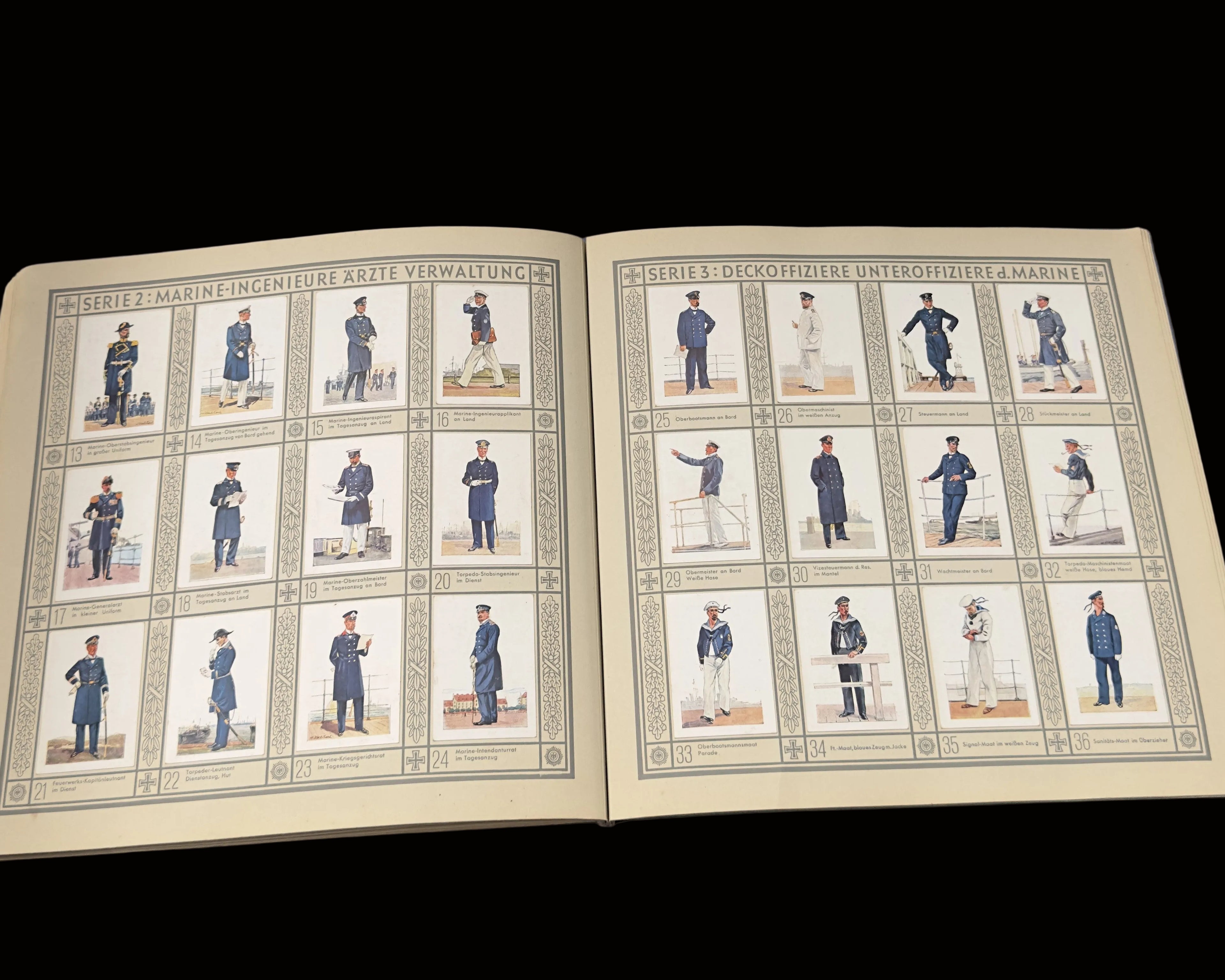 An open vintage book or album showing two printed pages filled with small illustrated figures in military uniforms, photographed against a dark gray background.