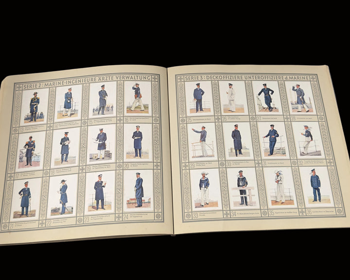 An open vintage book or album showing two printed pages filled with small illustrated figures in military uniforms, photographed against a dark gray background.