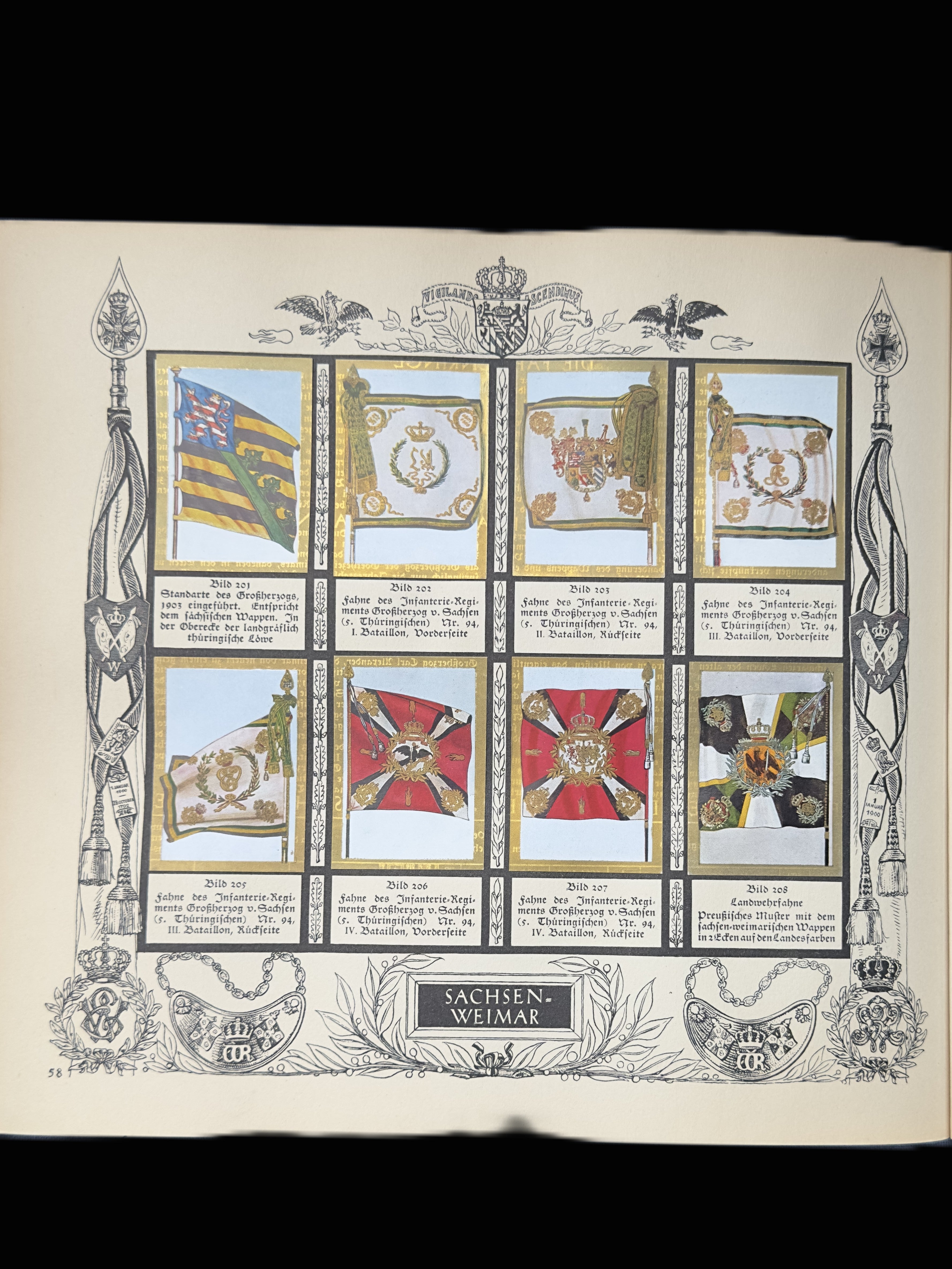 A printed page from a book or catalog showing a grid of eight historical military flag designs with German text, framed by ornate black line art on an aged off-white page.