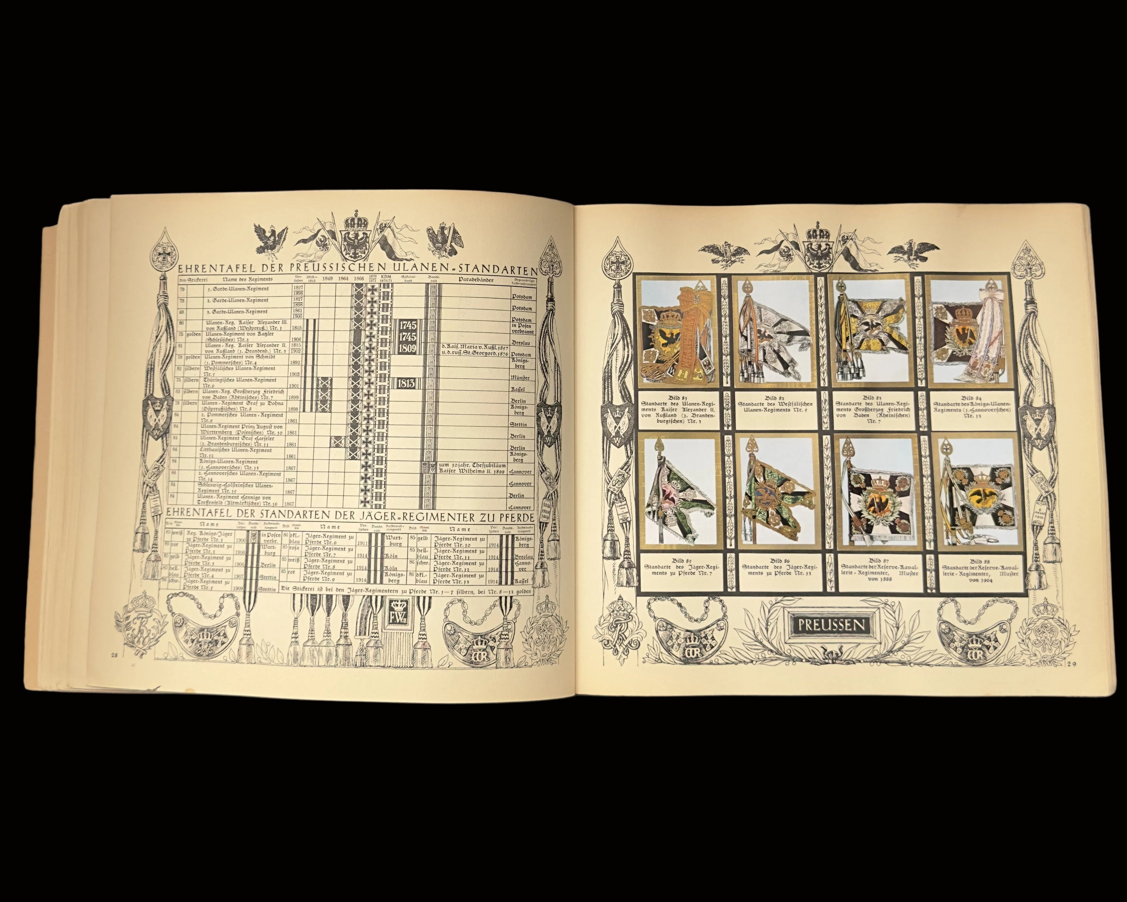 An open vintage book or catalog spread laid on a gray surface, showing printed tables and illustrated panels on aged cream paper.