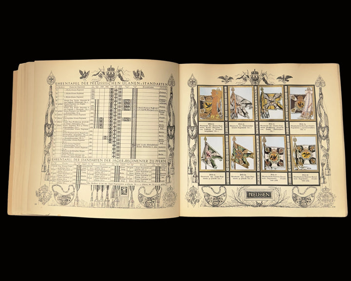 An open vintage book or catalog spread laid on a gray surface, showing printed tables and illustrated panels on aged cream paper.