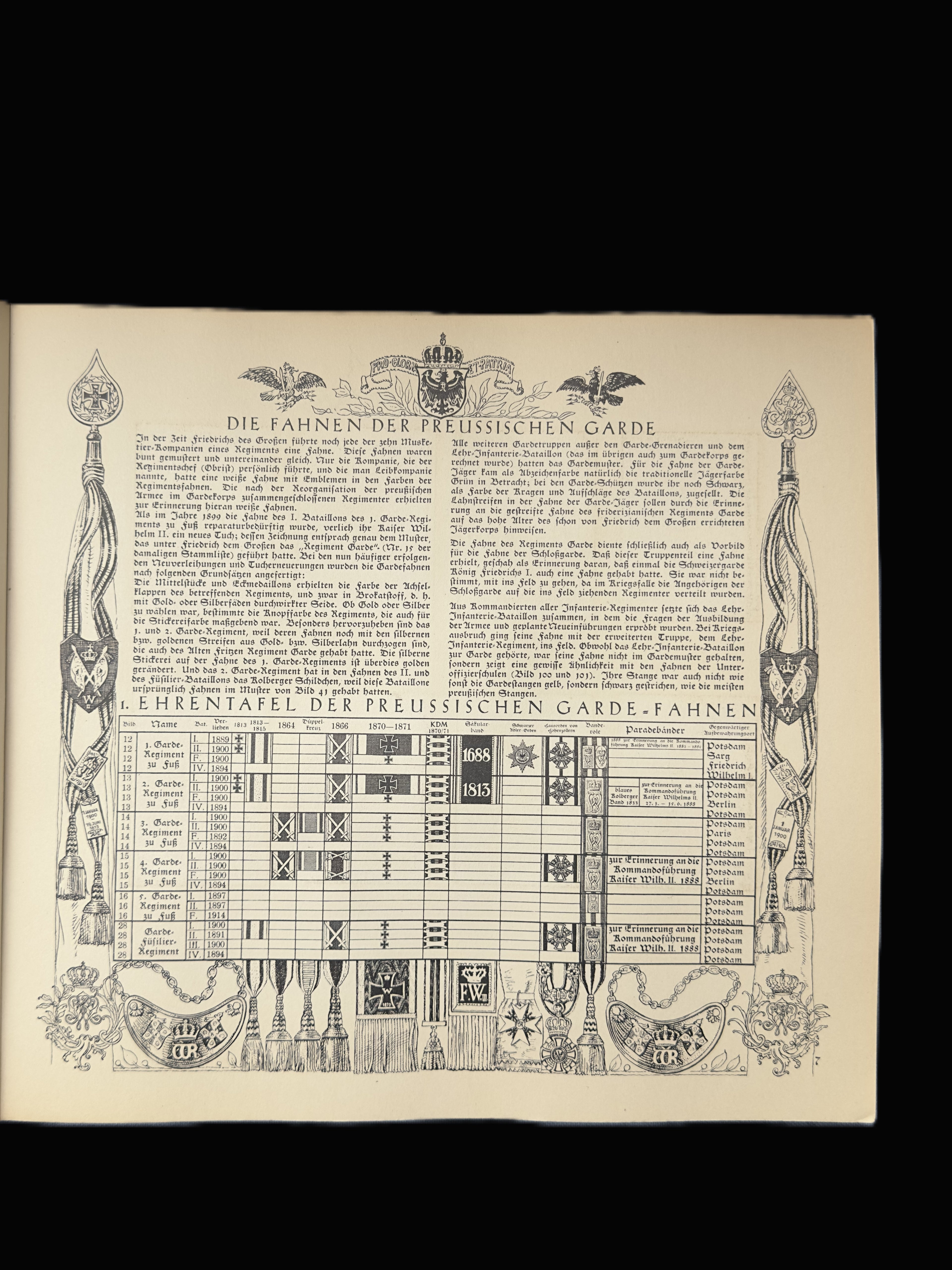 A vintage German military training record or poster for the Freyrischen Garde, featuring dense black text, decorative crests, and a detailed table at the bottom, shown against a solid black background.