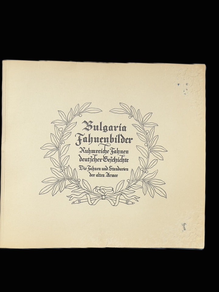 A square cream-colored paper cover or booklet with black printed text in German reading 'Bulgaria Fahrenbilder' surrounded by a decorative wreath illustration, shown against a black background.