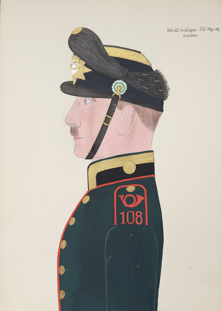 A profile portrait painting of a man in military dress uniform and peaked cap on a plain light background. The uniform is dark teal-green with gold trim and buttons, and the cap is black with gold detailing.
