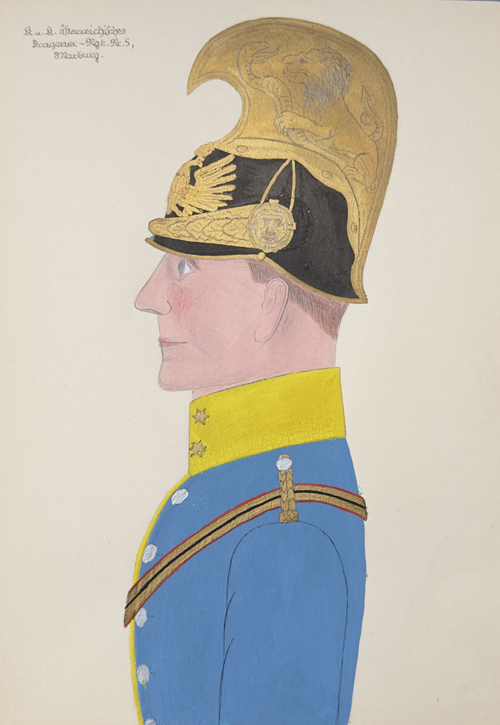 A profile portrait painting of a man in a military uniform, shown from the chest up. He wears a tall gold helmet with black detailing, a bright yellow high collar, and a blue jacket with gold and brown trim.