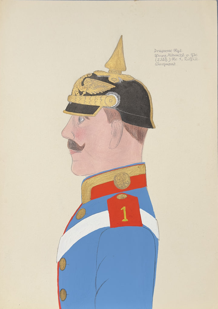 A vintage military portrait illustration showing a man in profile wearing a blue uniform with red, white, and gold details, plus a black and gold shako helmet, on a cream background with handwritten text in the upper right.