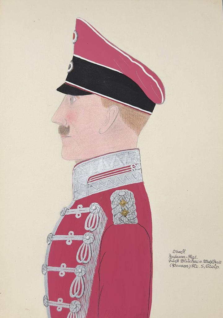 A hand-drawn profile portrait of a man in a military uniform, shown in side view. The figure wears a red and black peaked cap, a red jacket with silver decorative trim and buttons, and a white high collar, on a plain light beige background.