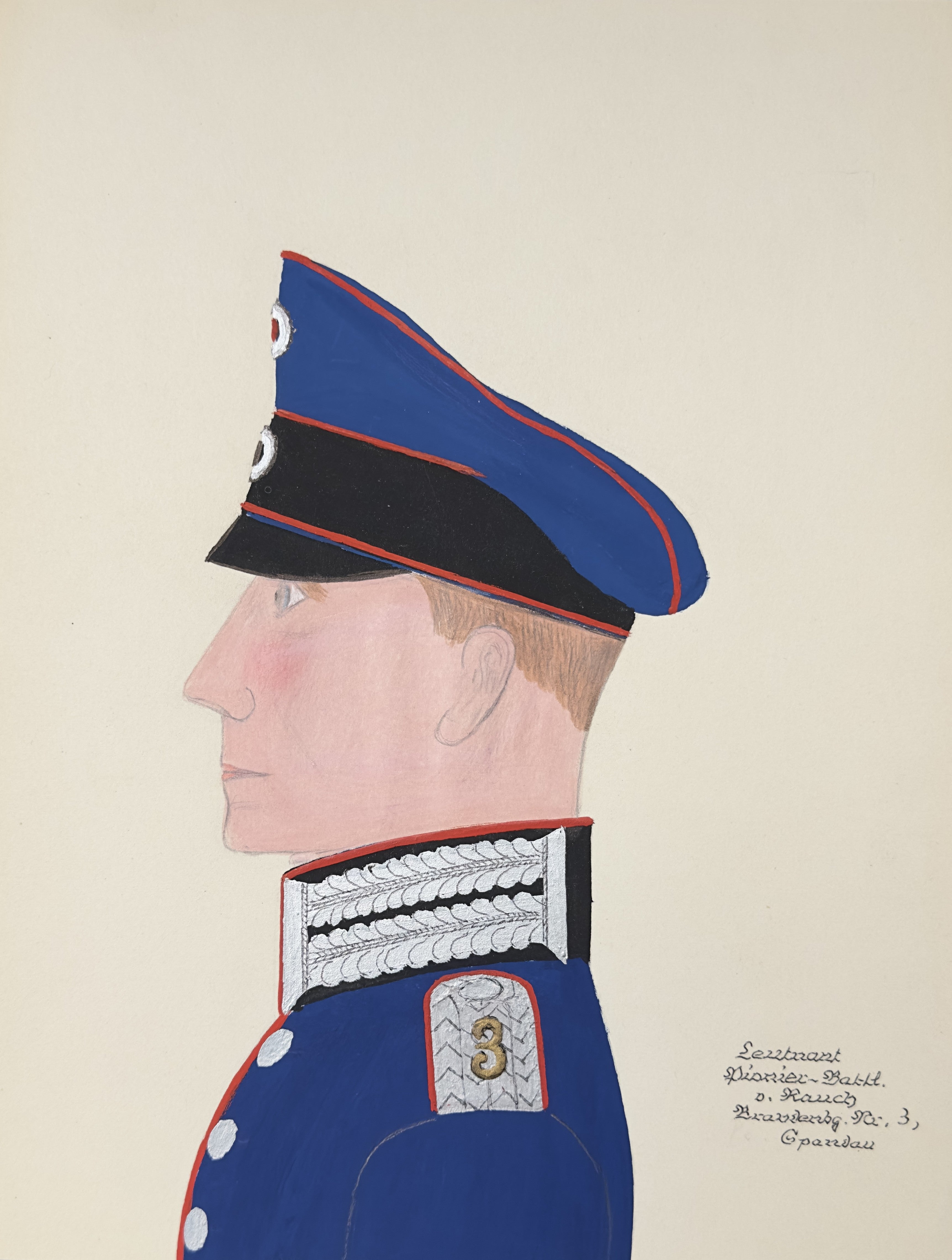 A painted portrait of a man in profile wearing a blue military-style uniform with a matching peaked cap, shown on a plain light beige background. Handwritten text appears in the lower right corner.