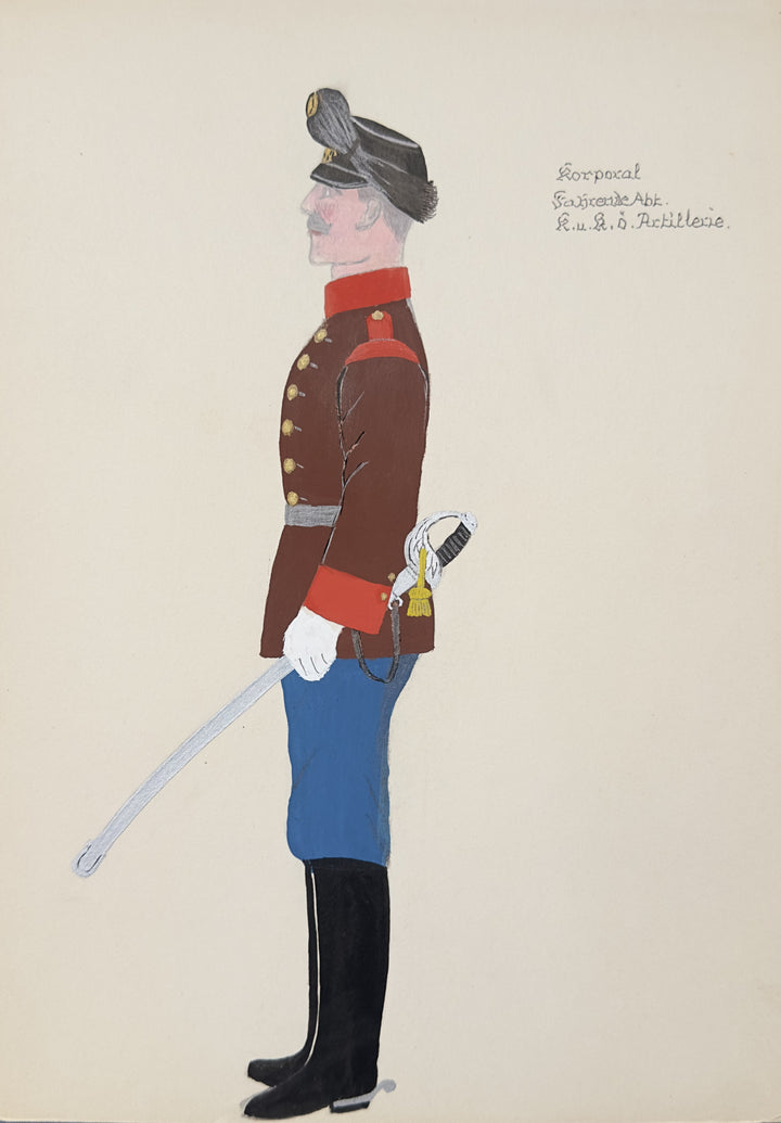 A stylized illustration of a historical military figure in profile, wearing a brown uniform with red accents, blue trousers, black boots, and a gray hat, on a plain light beige background with handwritten text in the upper right.