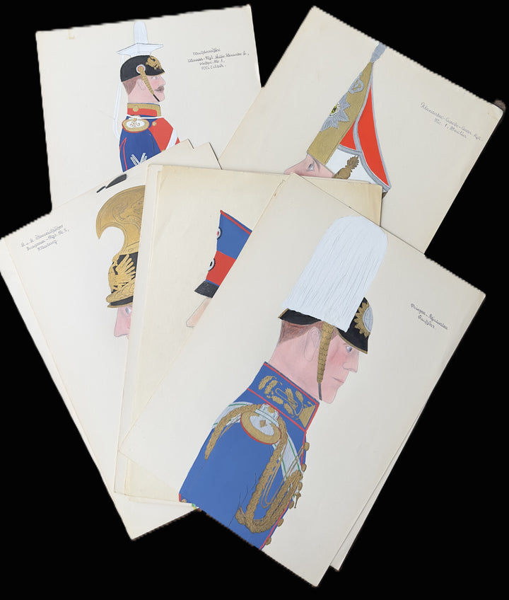 A fan arrangement of vintage illustrated print cards showing historical military uniforms, including a guard in blue and red with a white hat and another in profile with ornate gold detailing on a blue coat, set against a solid black background.