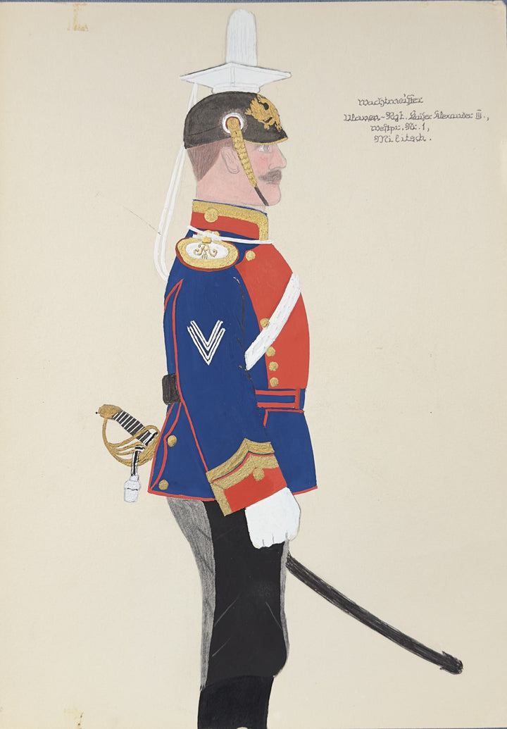 A vintage military uniform illustration showing a soldier in profile wearing a blue, red, black, and white uniform with gold accents, on a cream background with handwritten text in the upper right.