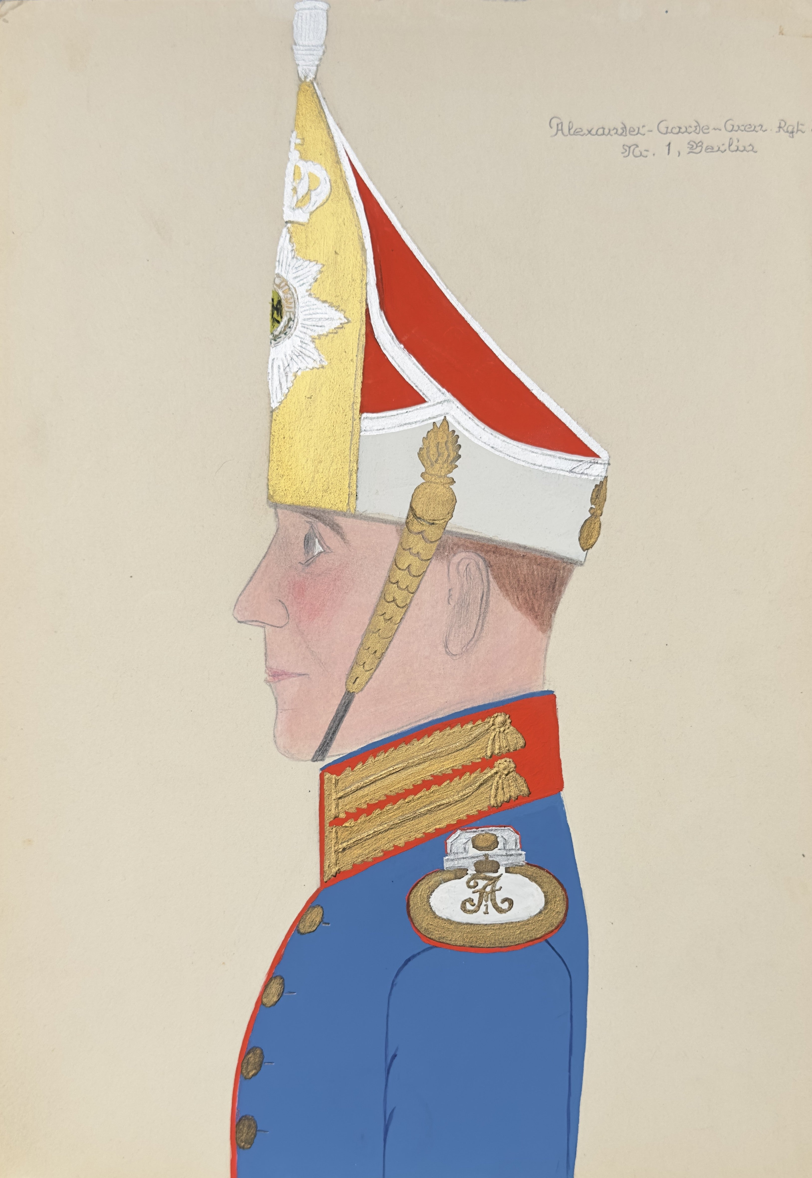 A vintage military portrait drawing of Alexander Gouge-Smith, 2nd Bn., showing him in profile wearing a blue uniform with red and gold accents and a tall yellow, red, and white peaked cap.