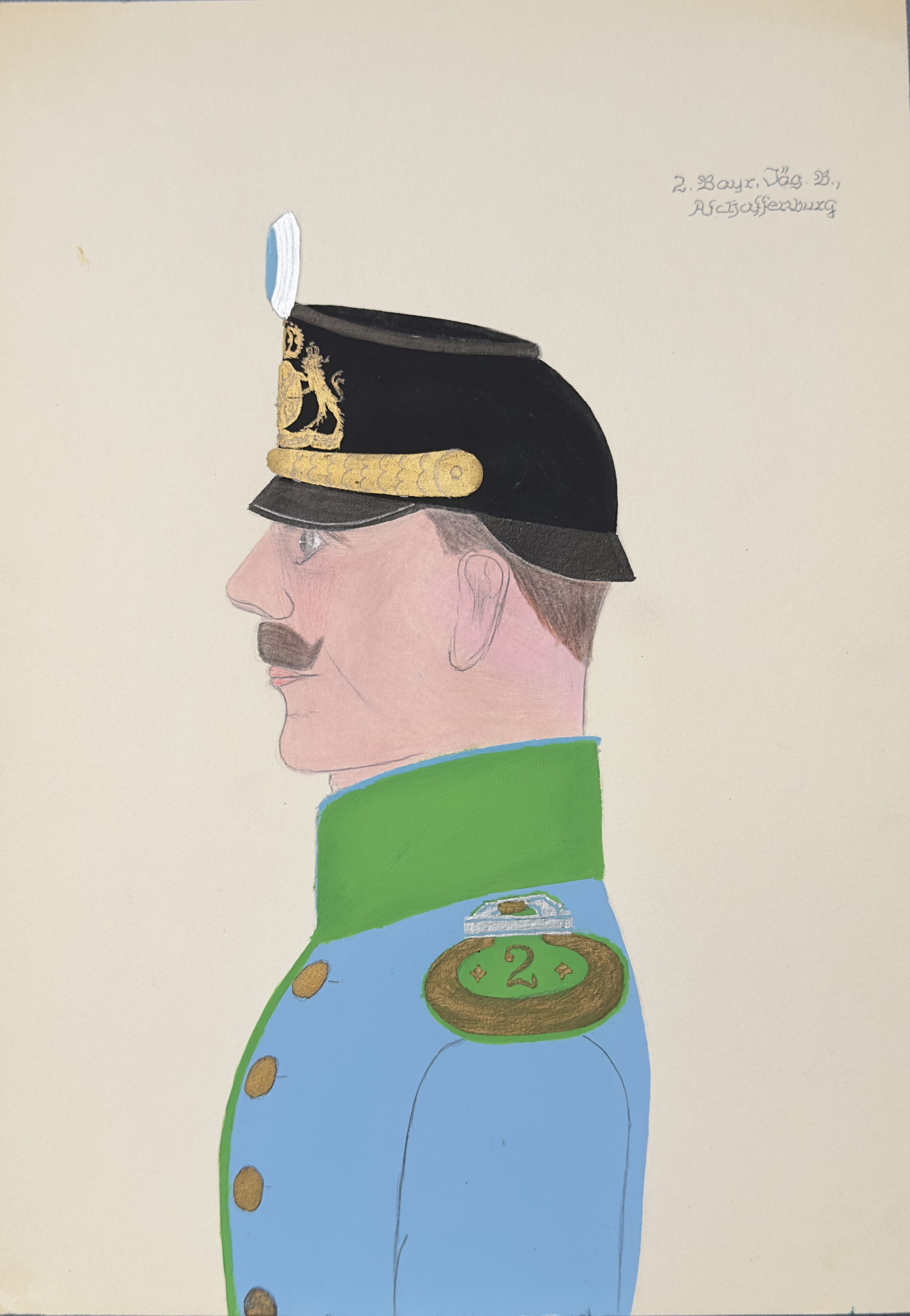 A stylized portrait painting of a man in profile wearing a dark military-style helmet and a light blue uniform with green trim and gold buttons, on a plain light beige background.