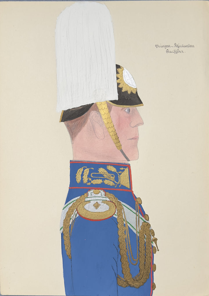 A profile portrait painting of a British soldier in a blue uniform with ornate gold braiding and a tall white shako, on a light beige background with handwritten text in the upper right.