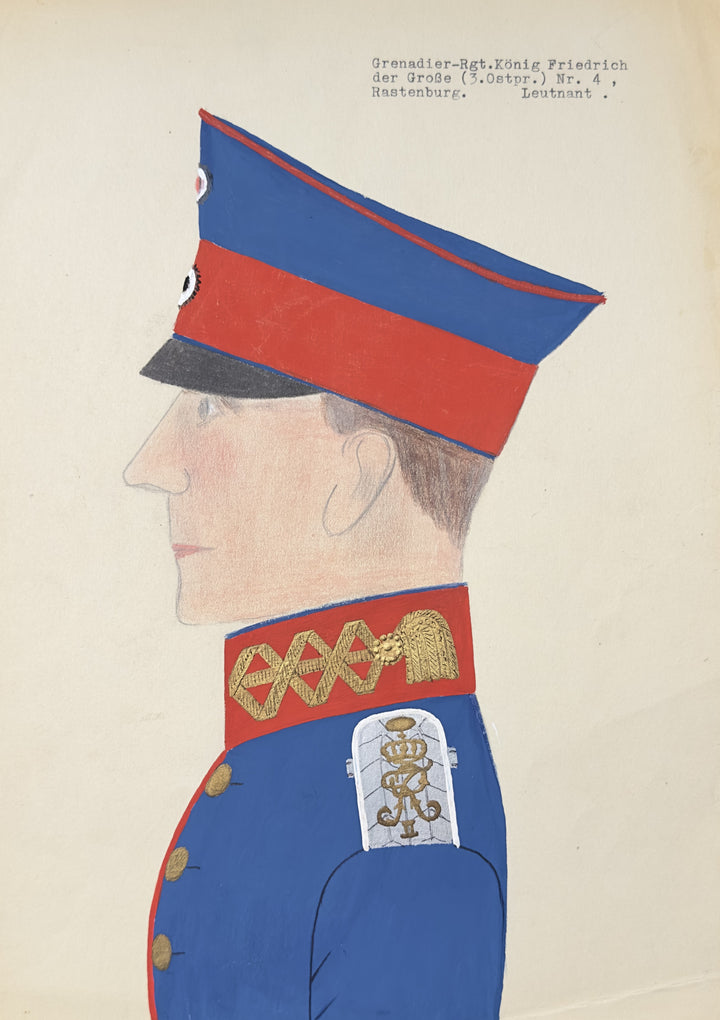 A profile portrait painting of a man in a blue and red military uniform with gold insignia, on a cream background with handwritten text at the top.
