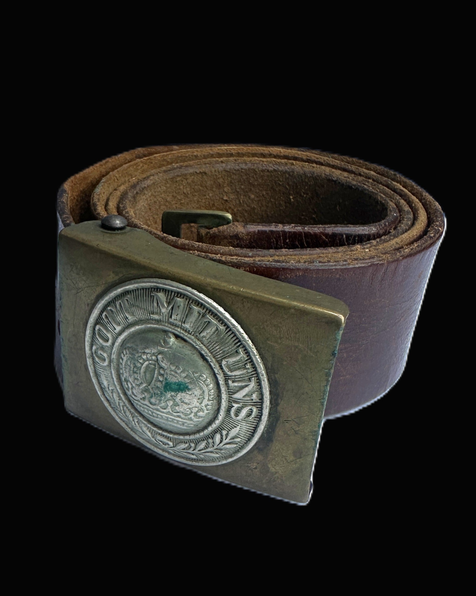 Imperial German Prussian Two-Piece Brass Belt Buckle Original Leather Belt Set
