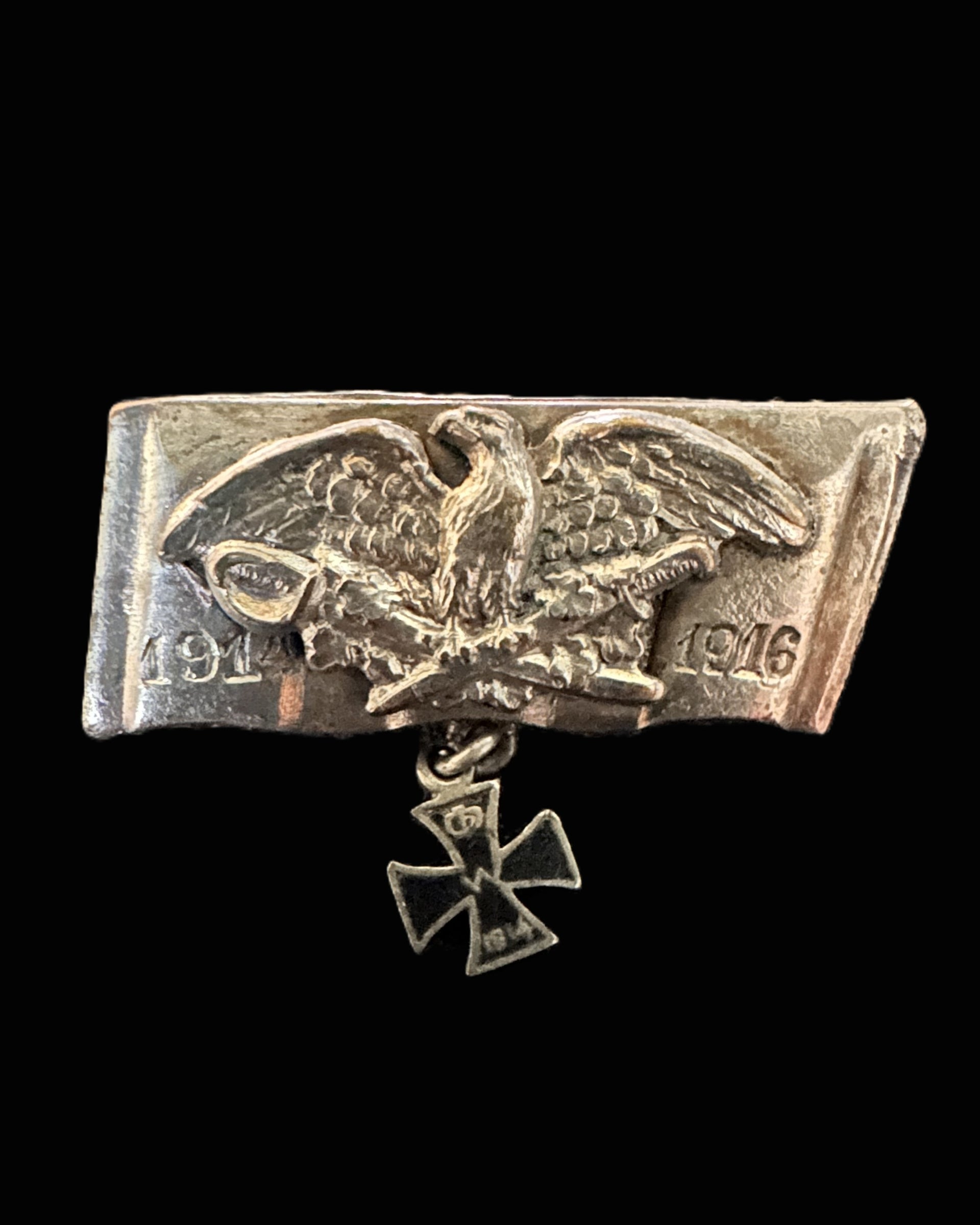 WWI German Eagle Brooch with Suspended Iron Cross, Trench-Art Style, 1914–1916
