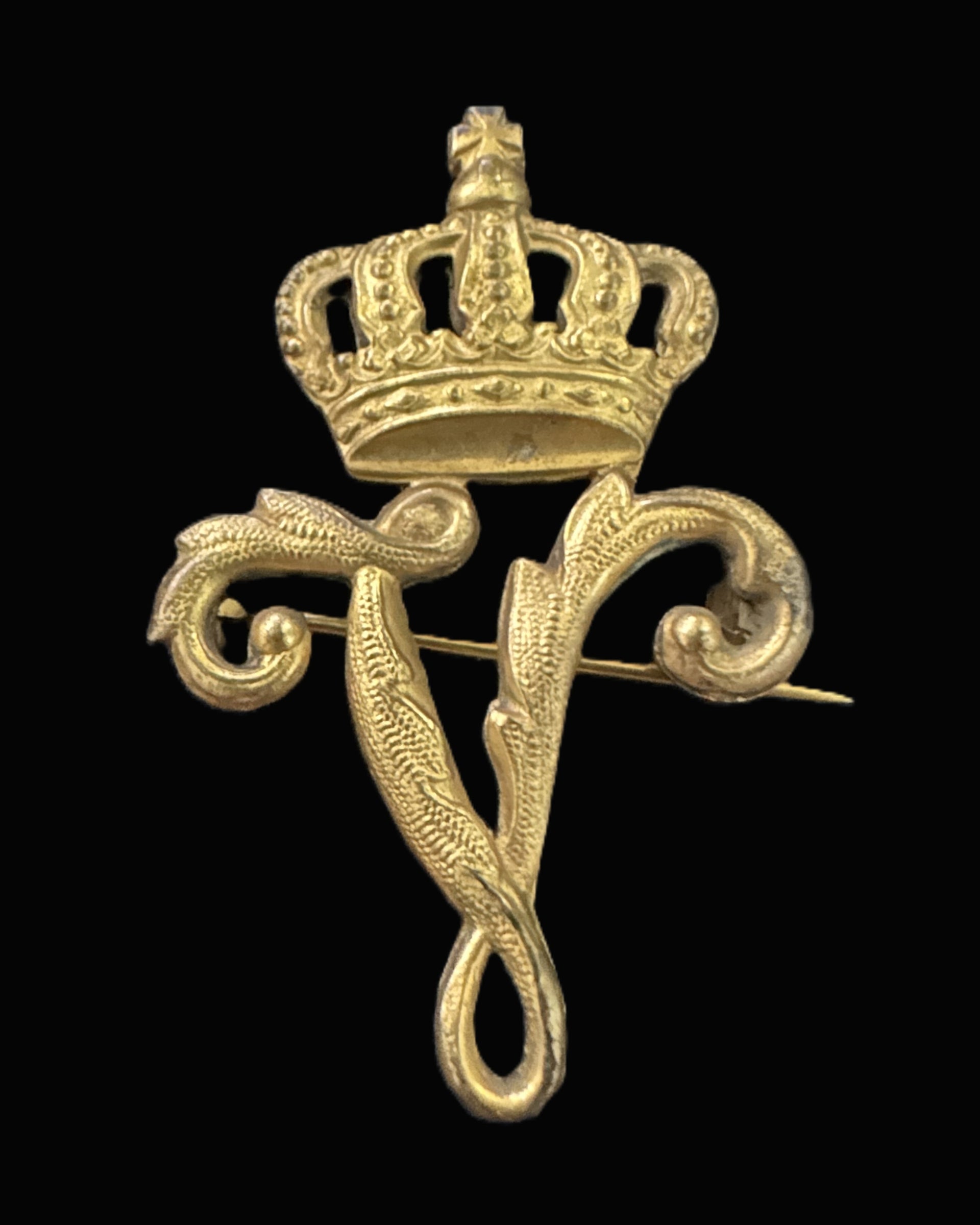 Bavarian Royal Cypher Brooch with Crown in Gilded Brass