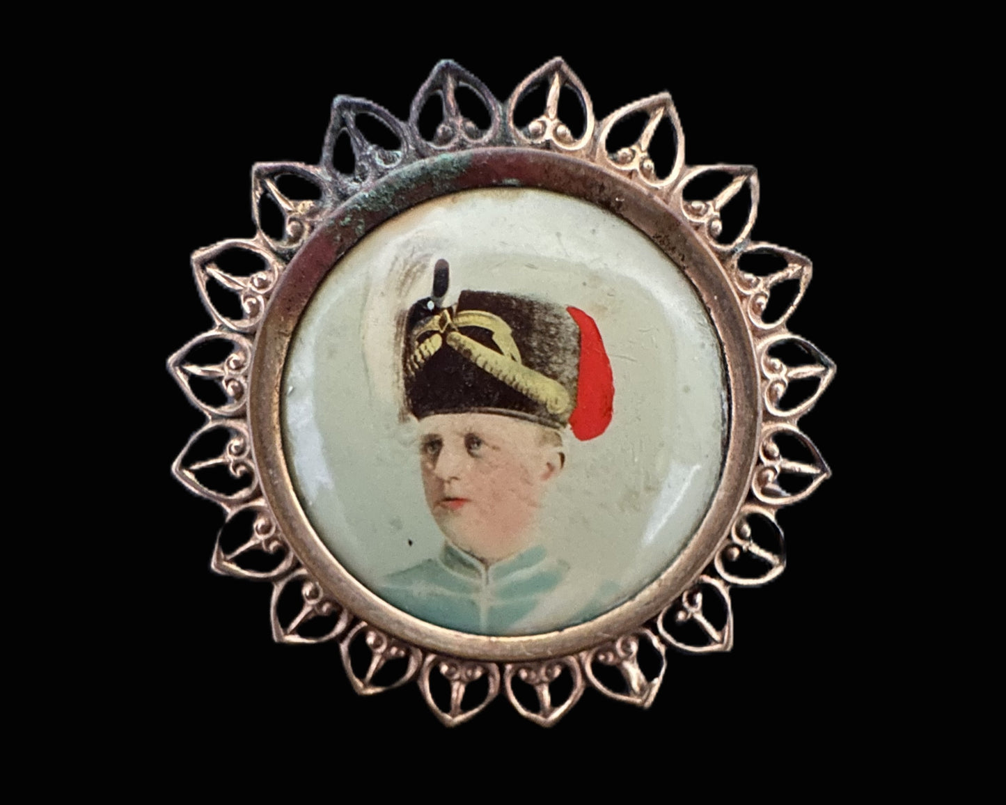 German Porcelain Portrait Pin of a Soldier in Hussar Uniform