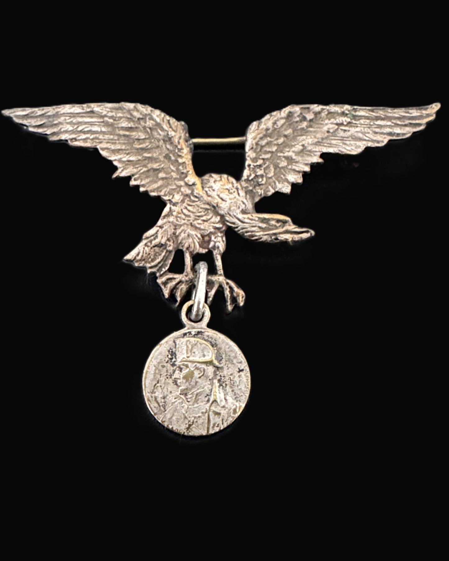 German WWI Patriotic Eagle Brooch with Medal Pendant