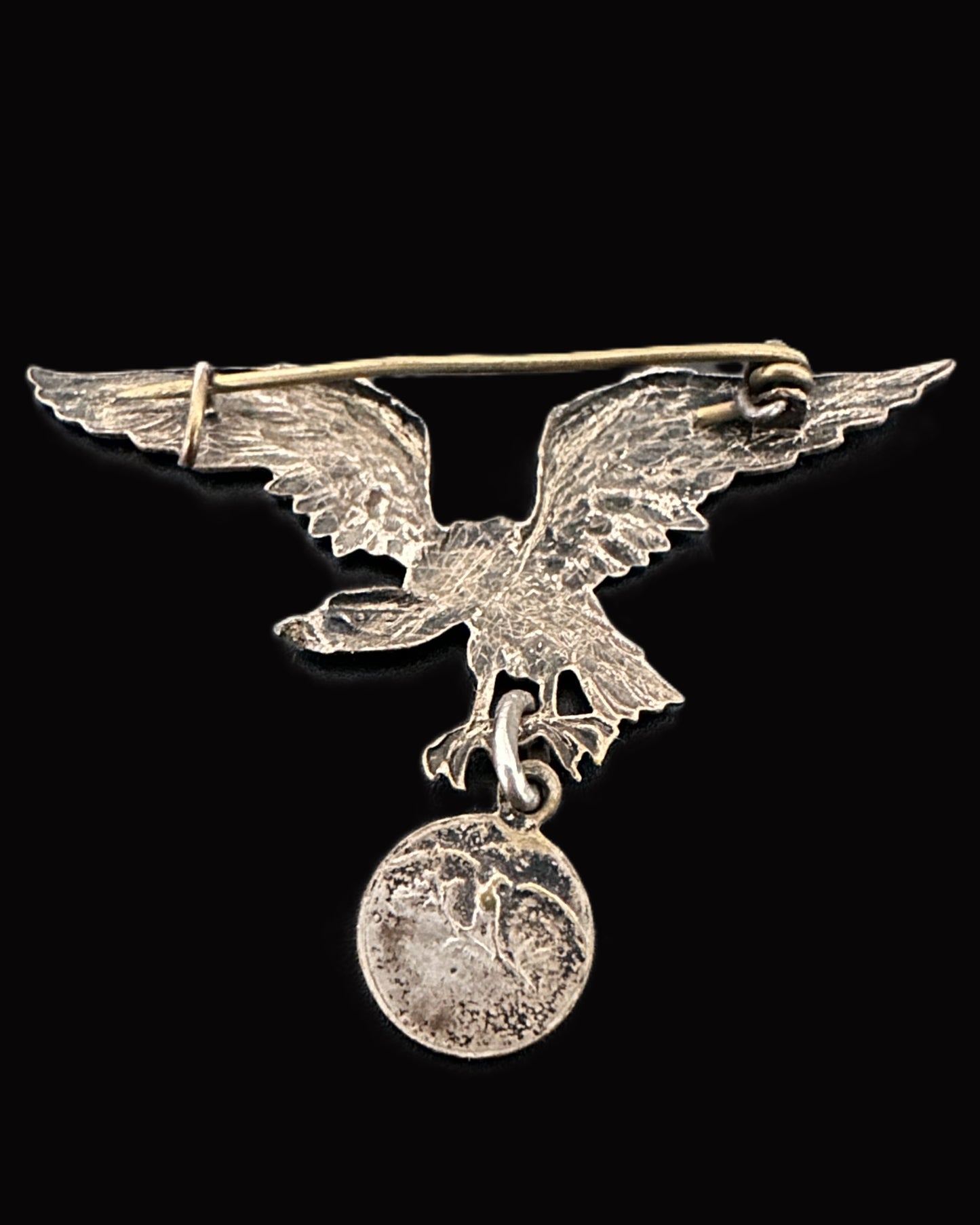 German WWI Patriotic Eagle Brooch with Medal Pendant