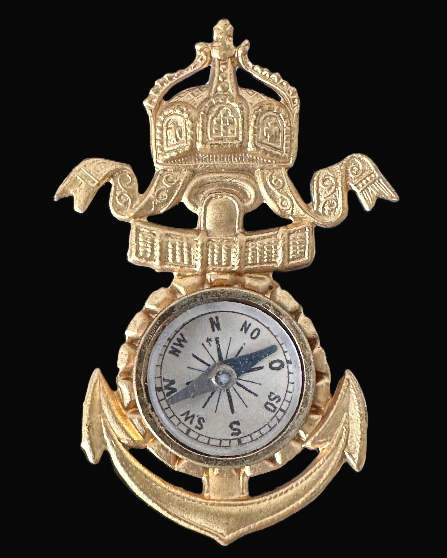 Royal Navy Officer’s Compass Brooch – Gilded Brass with Functional Compass