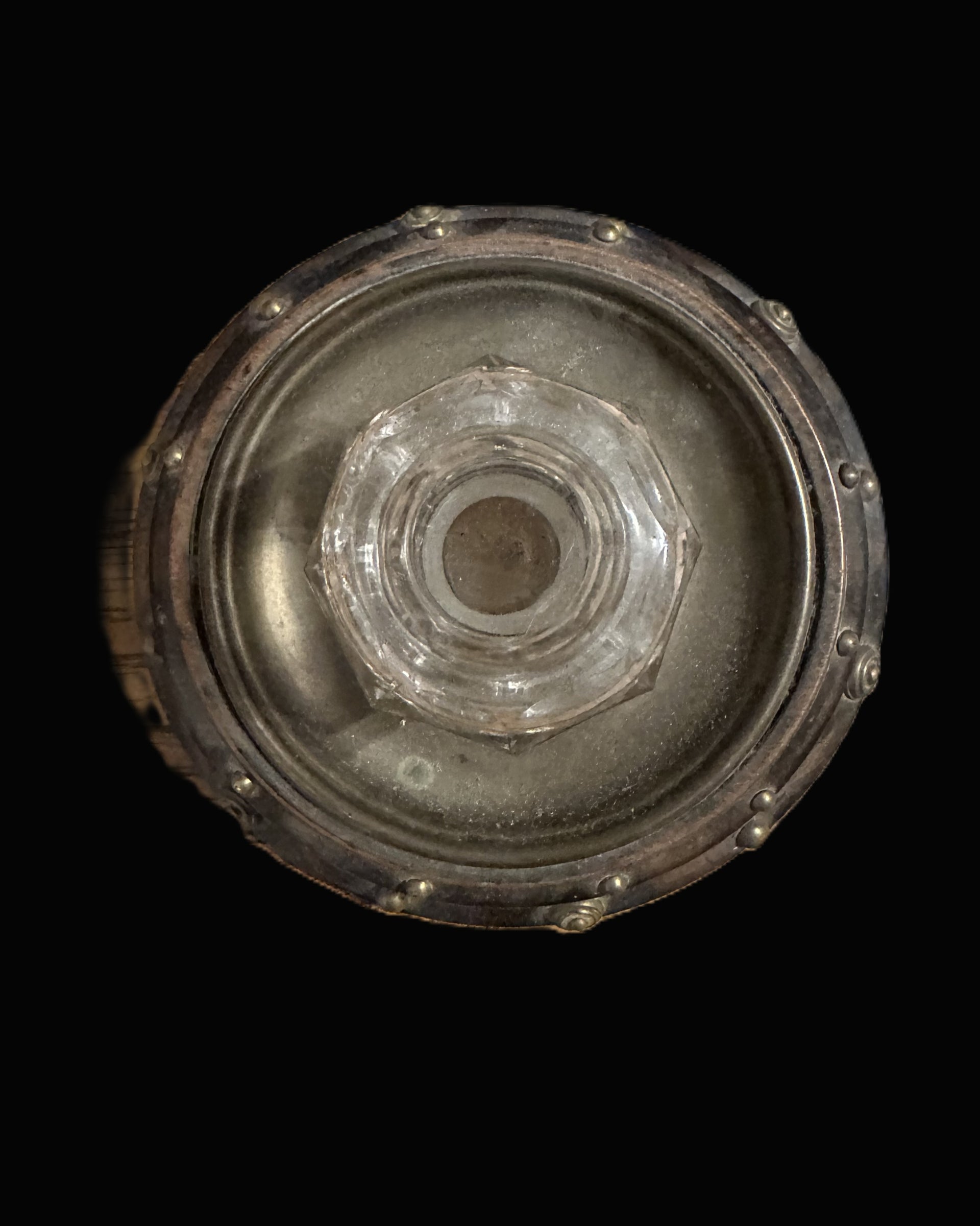 Imperial German Desk Inkwell Pewter Brass Studs Cut Glass Insert c.1900