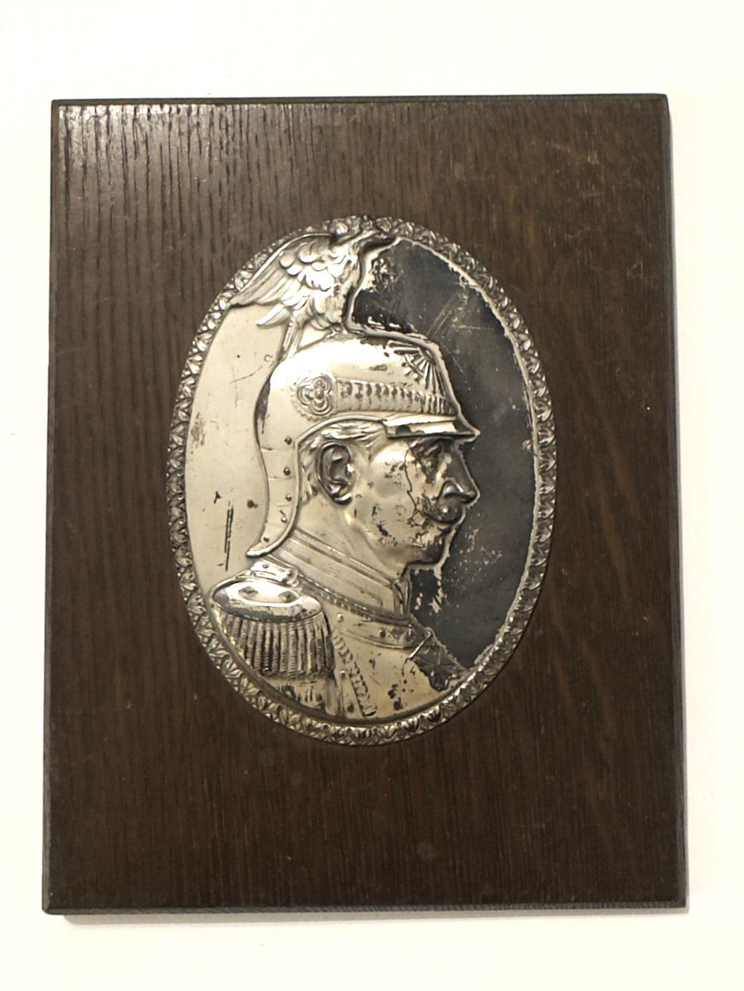 Kaiser Wilhelm II Repousse Portrait Plaque Garde du Corps Eagle Helmet on Oak