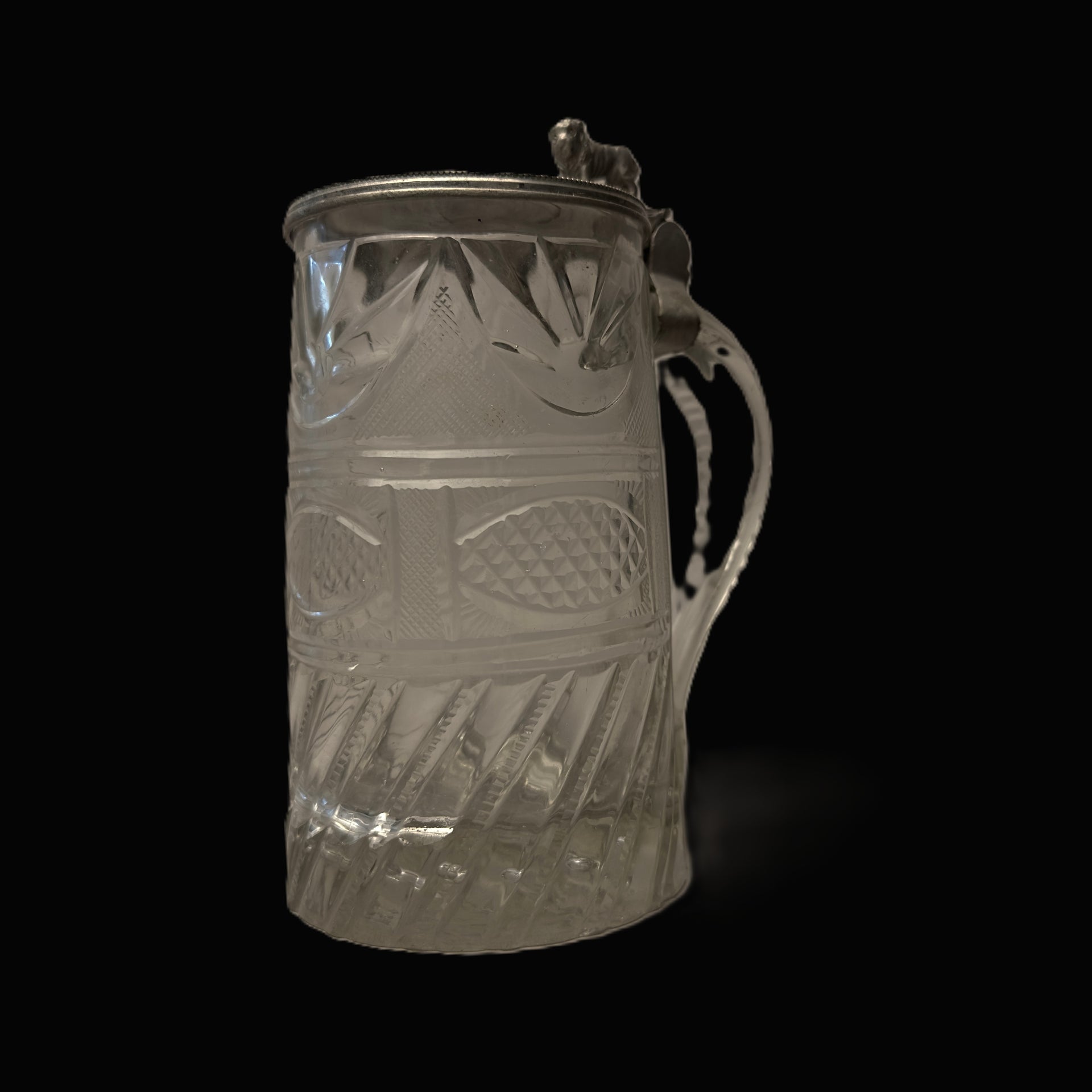 German Cut Glass Tankard With Pewter Lion Lid and Portrait Medallion