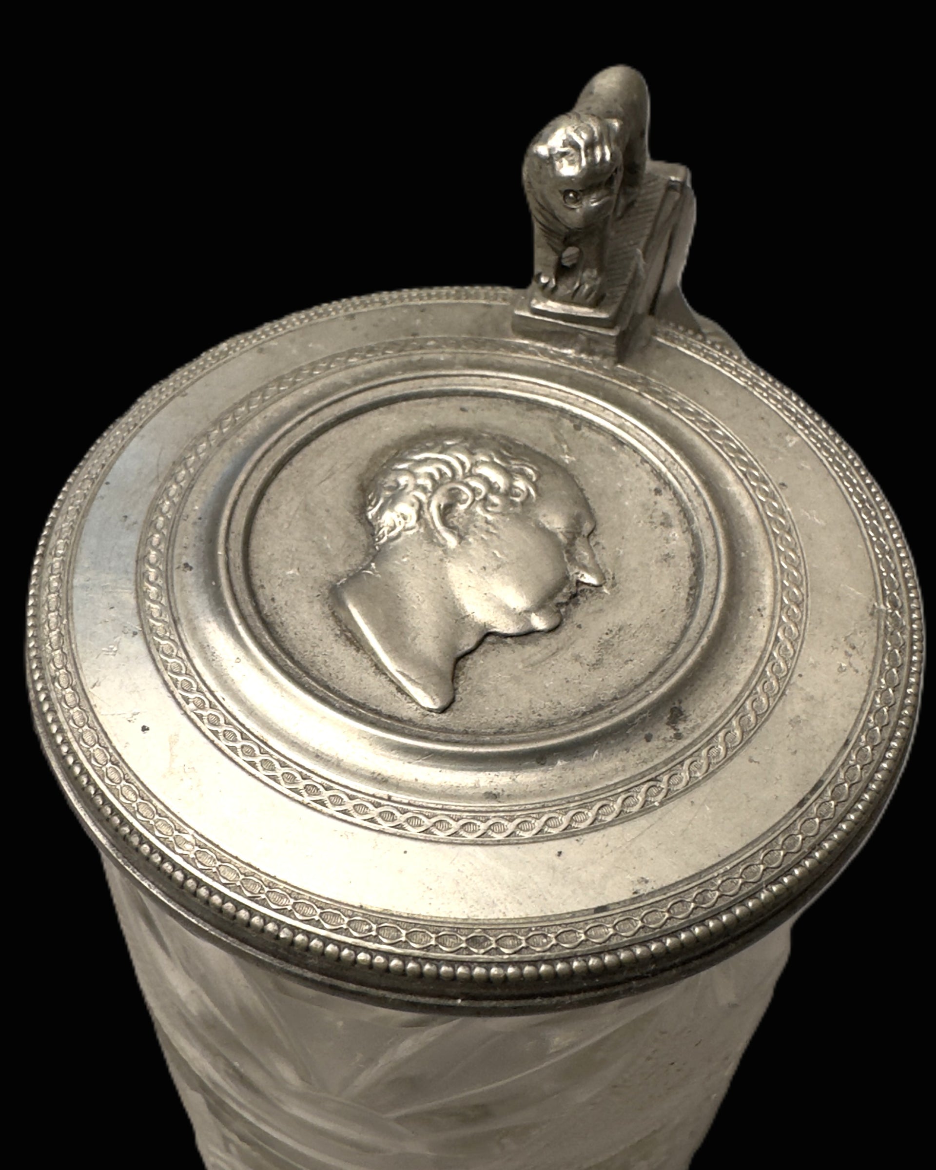 German Cut Glass Tankard With Pewter Lion Lid and Portrait Medallion
