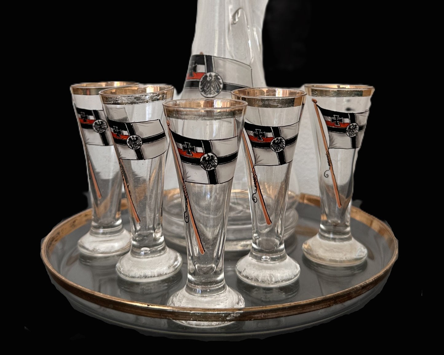 Imperial German Navy-Themed Glass Decanter and Glass Set with Tray