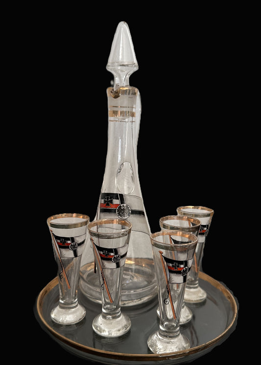 Imperial German Navy-Themed Glass Decanter and Glass Set with Tray