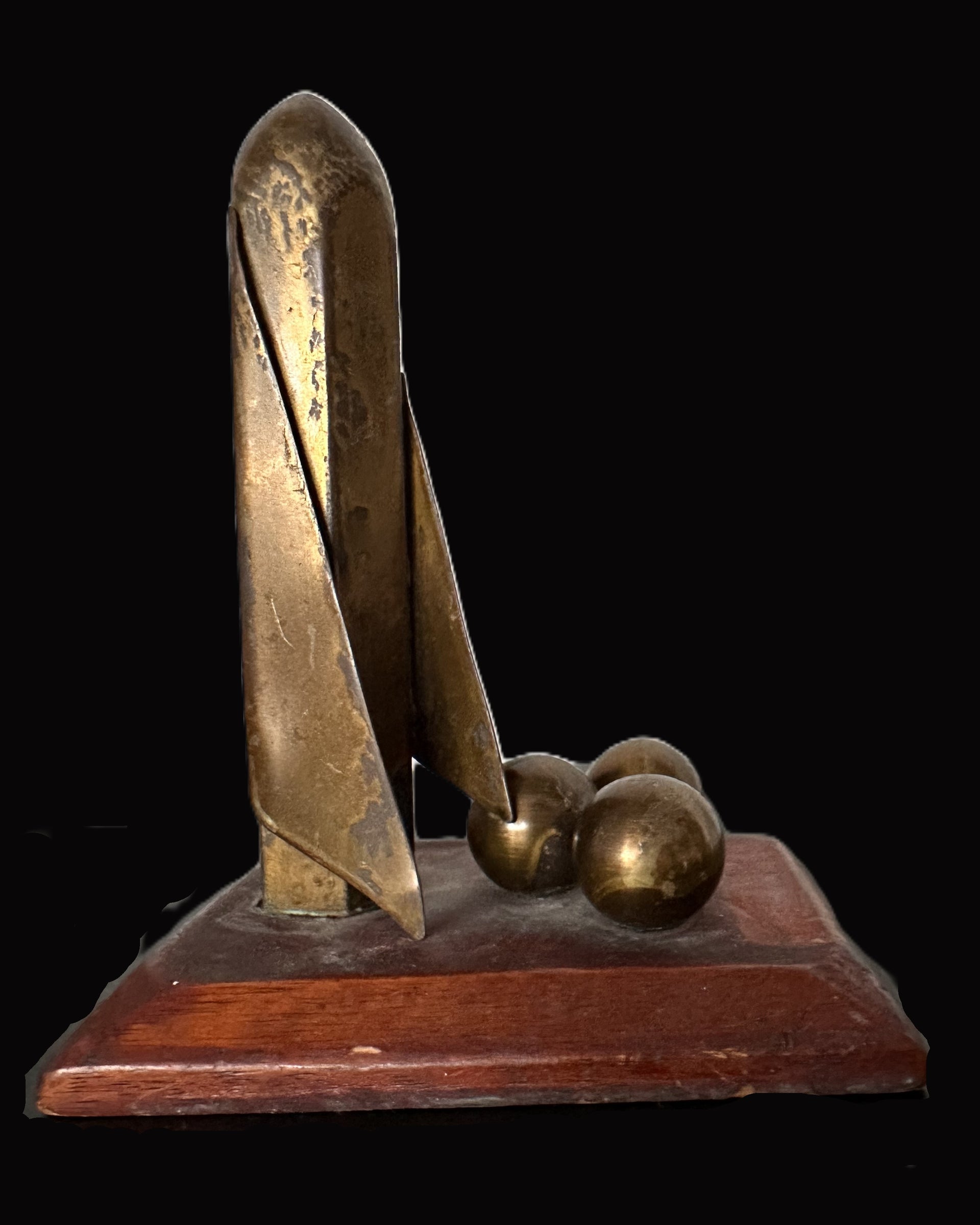 Antique Brass Artillery Shell and Cannonball Model on Wooden Base