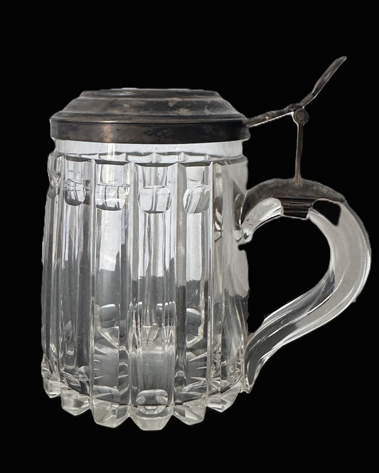 Mid-19th Century Bavarian Cut Glass Beer Stein with Engraved Pewter Lid