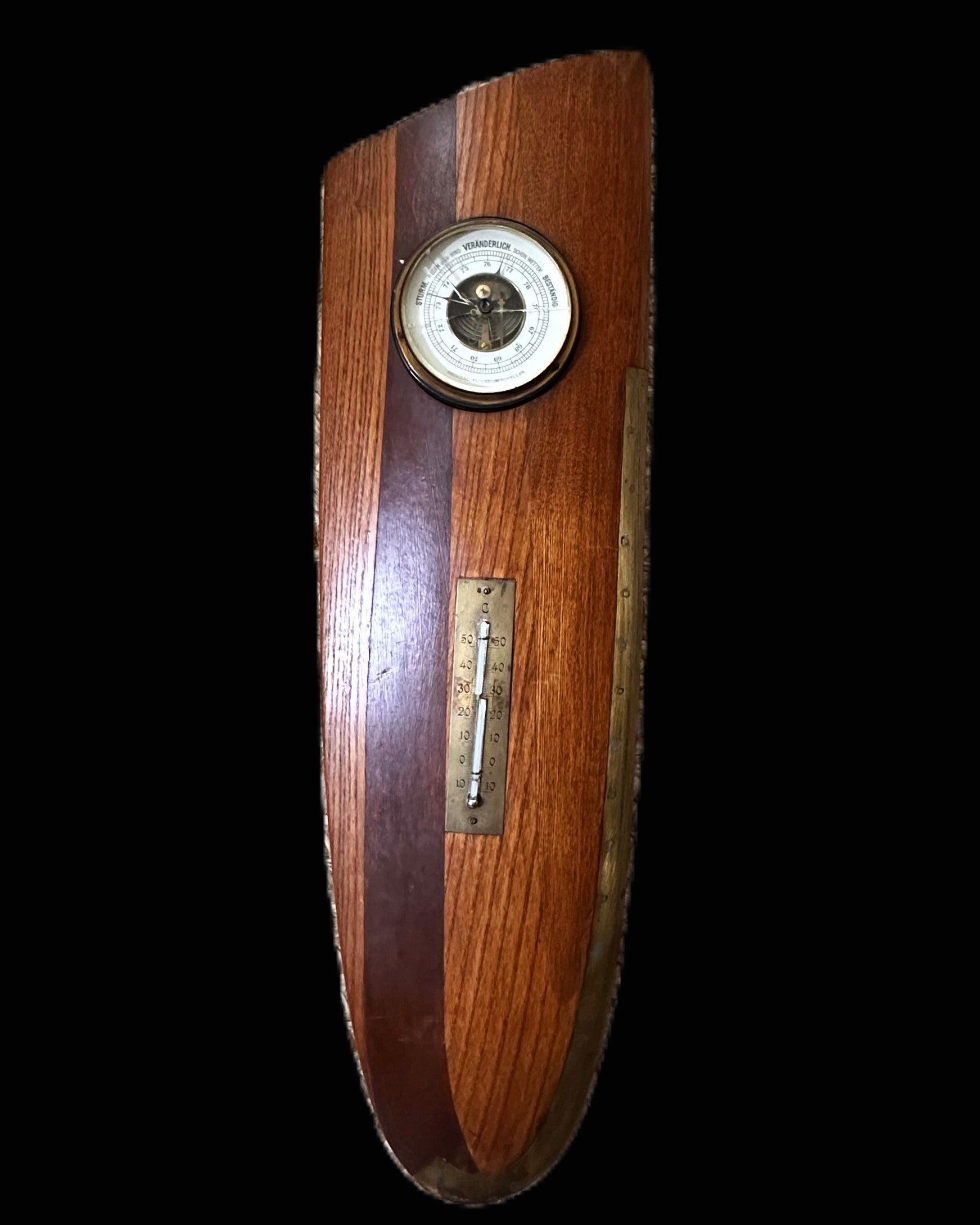 Wall-mounted weather station made from an original German aircraft propeller segment – with barometer and thermometer