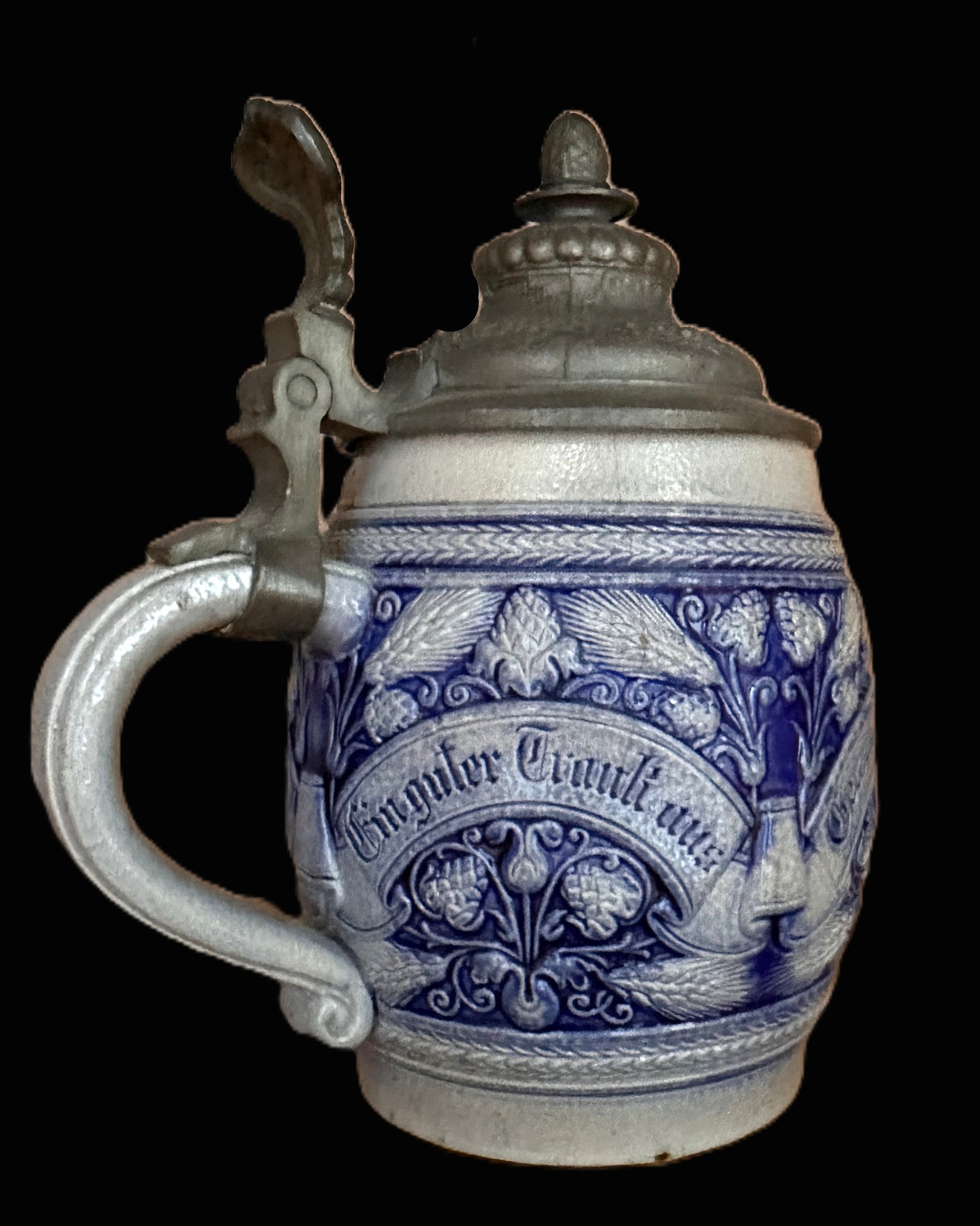 German Stoneware Beer Stein with Pewter Lid – “Gerste und Hopfen” Relief, Mold Number 486