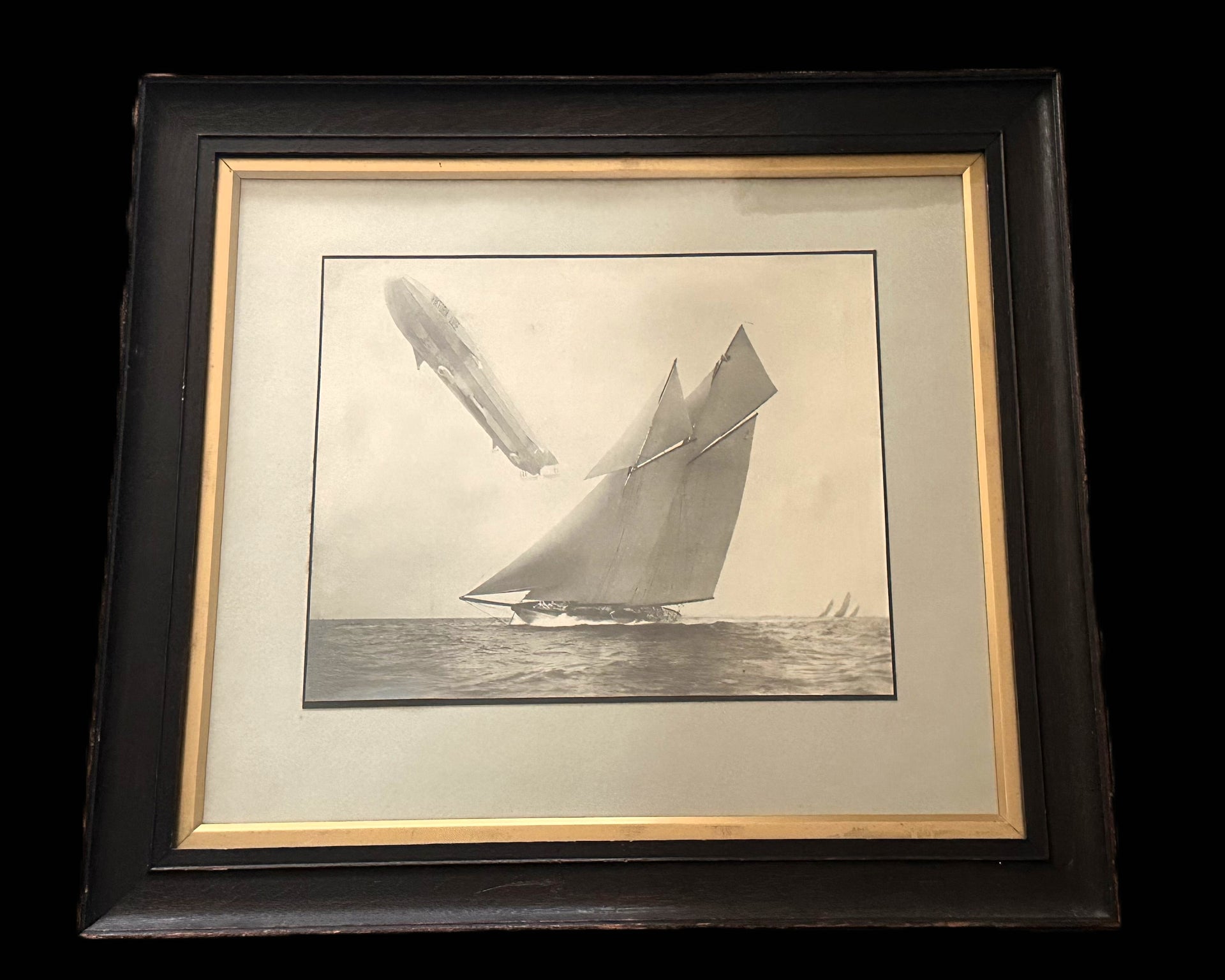 RARE ORIGINAL FRAMED PHOTOGRAPH – GERMAN ZEPPELIN ABOVE YACHT REGATTA – GEORGE TRUBEY, CARDIFF FRAMER
