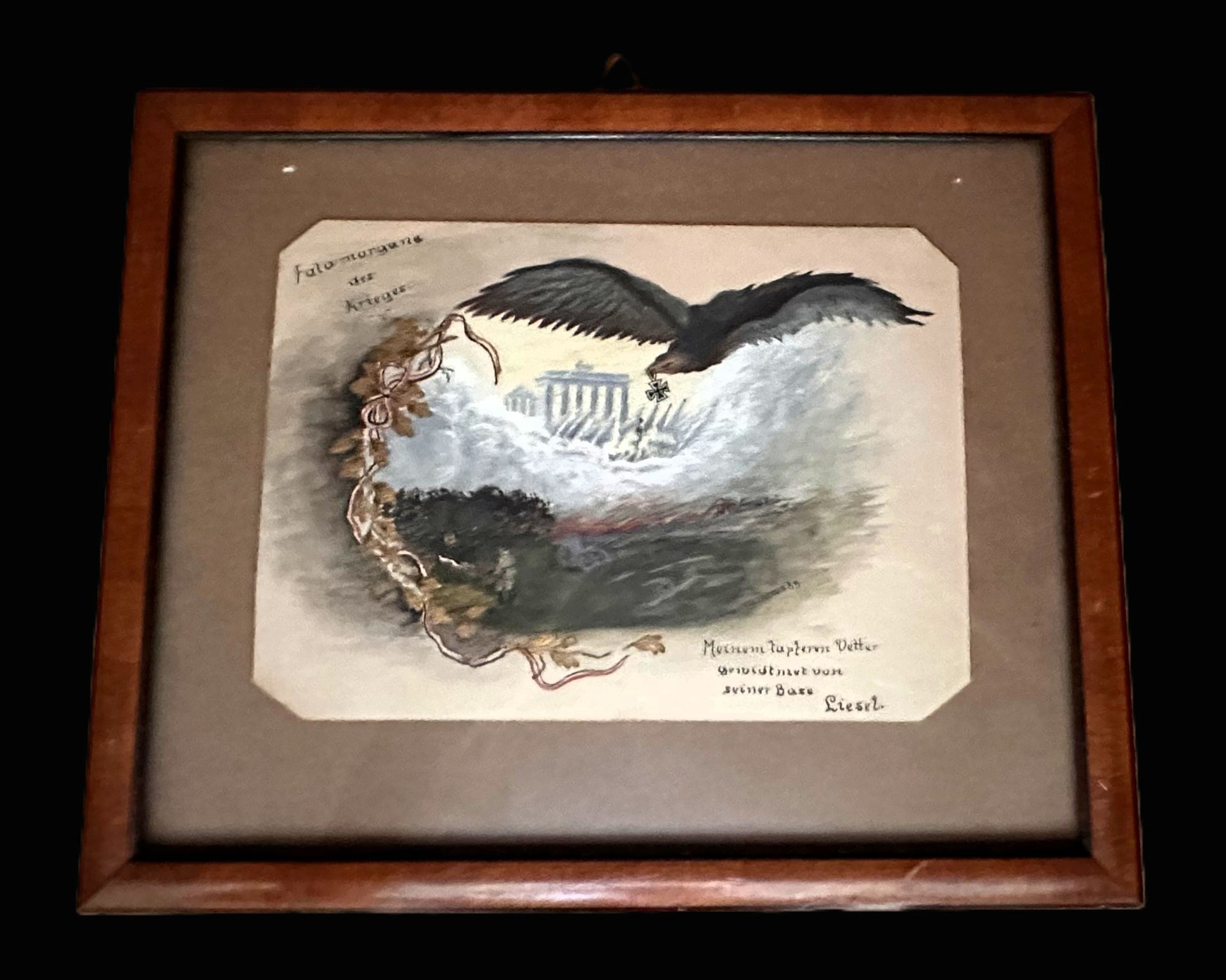 Framed Imperial German Patriotic Artwork – “Feldmorgane des Krieges” Dedication Piece from Liesl to Her Uncle