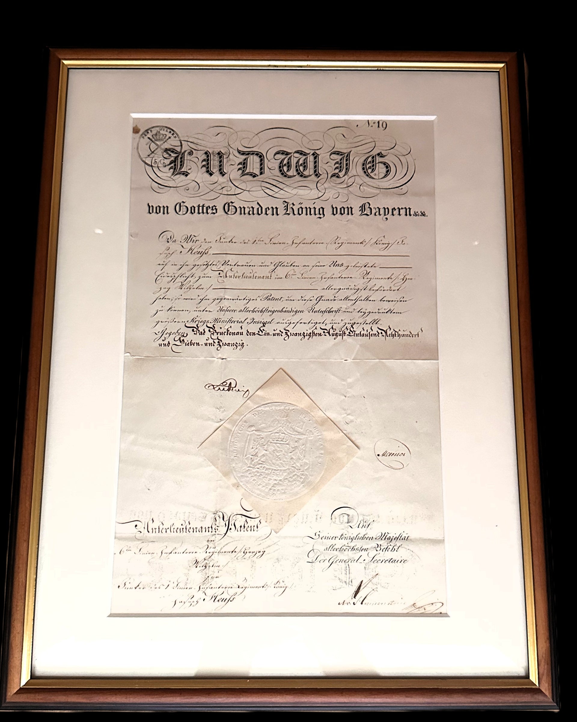 Bavarian Royal Officer Commission Document Signed by King Ludwig I – Unterlieutenant Appointment with Embossed Seal (c. 1840s)