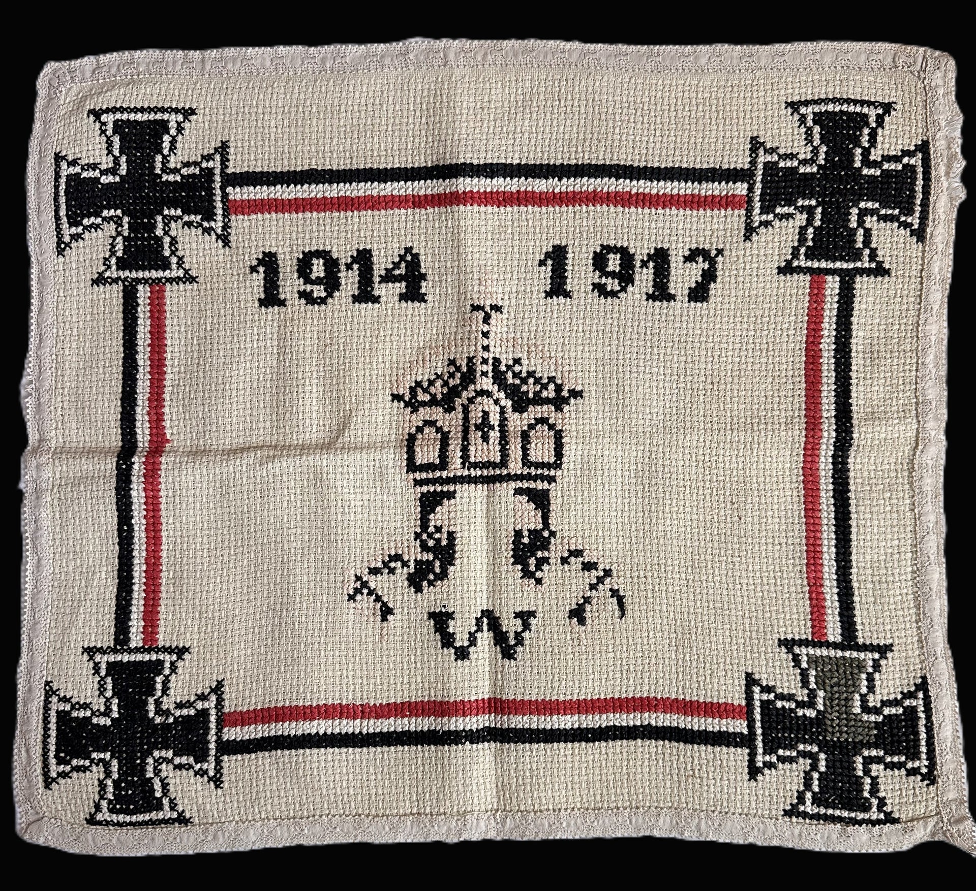 German Patriotic Hand-Embroidered WWI Textile Panel, 1914–1917